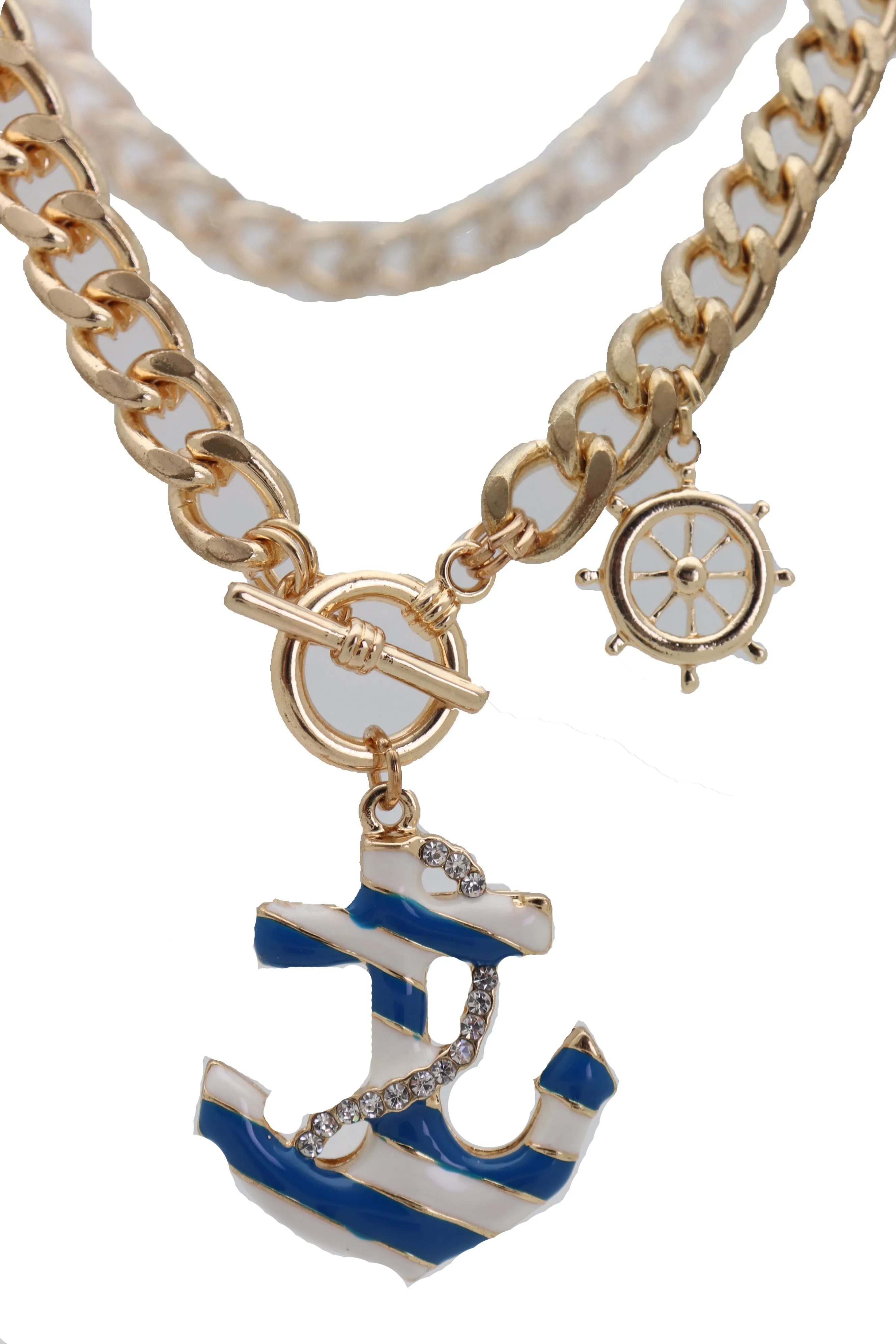 Women Gold Metal Chain White Blue Stripes Anchor Charm Nautical Ship Necklace