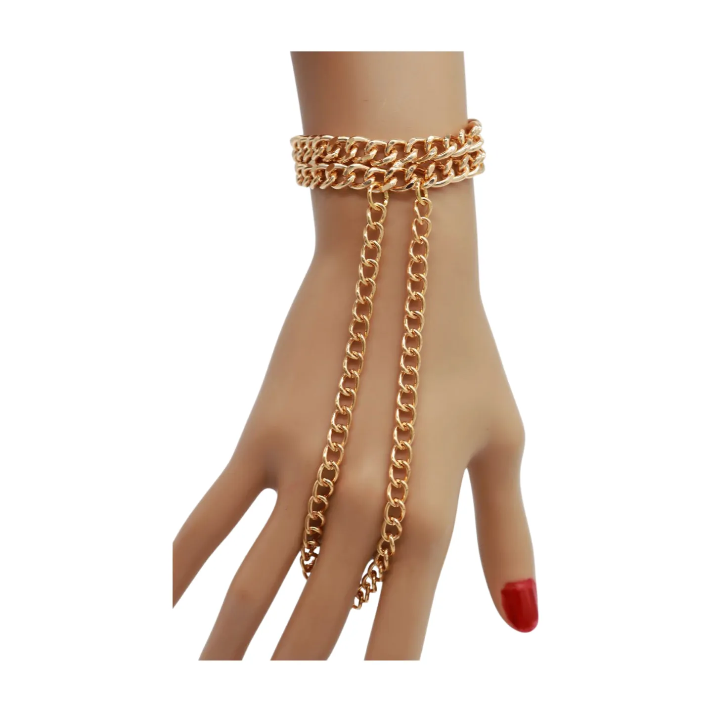 Women Gold Metal Hand Chain 2 Rows Bracelet Connected Ring