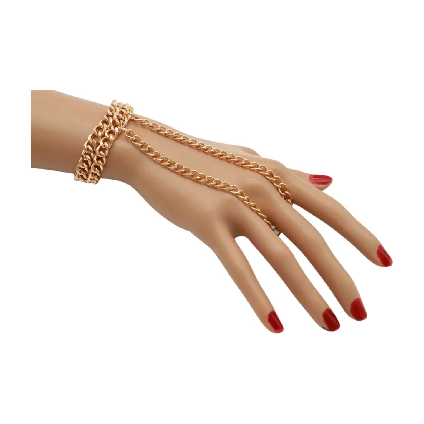 Women Gold Metal Hand Chain 2 Rows Bracelet Connected Ring