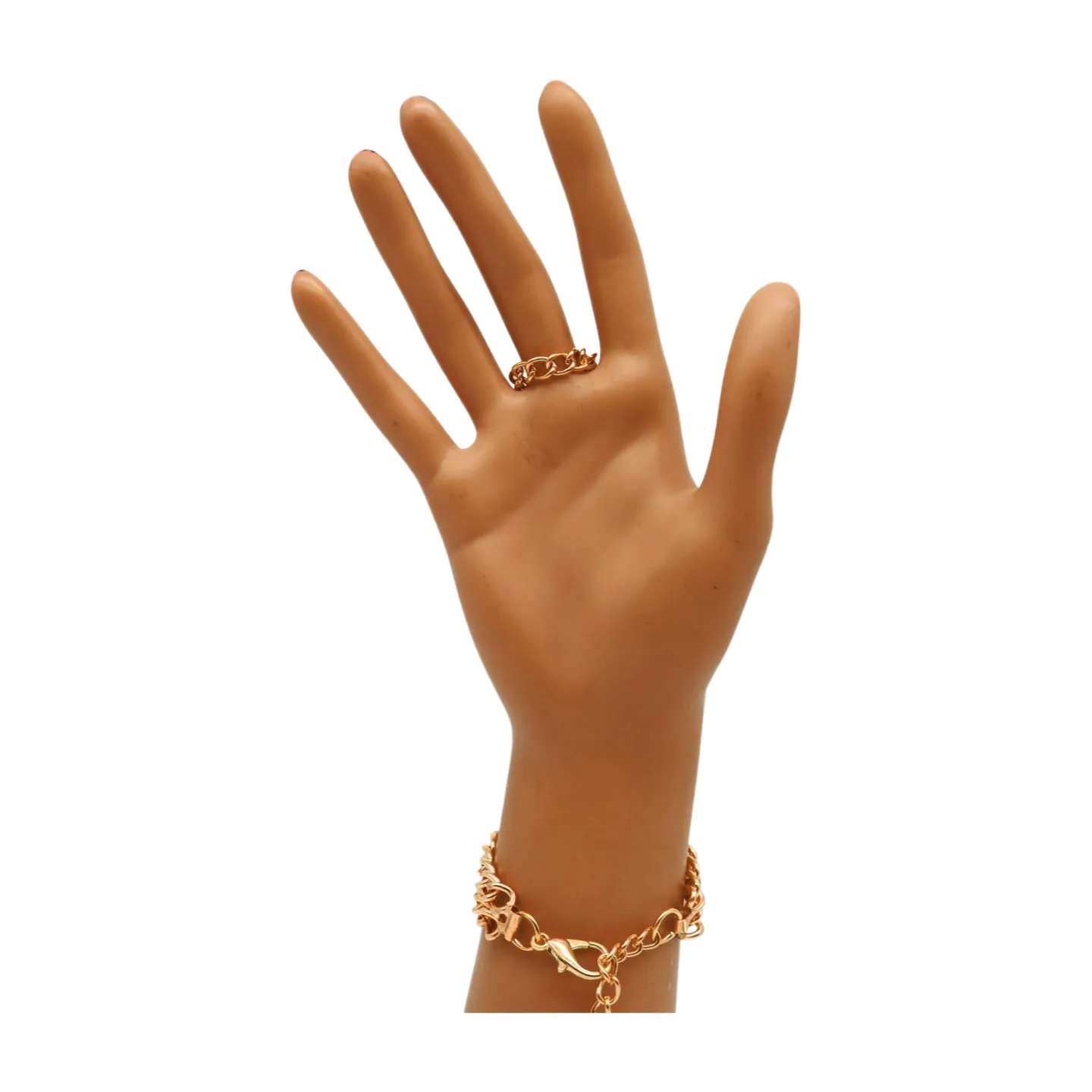 Women Gold Metal Hand Chain 2 Rows Bracelet Connected Ring