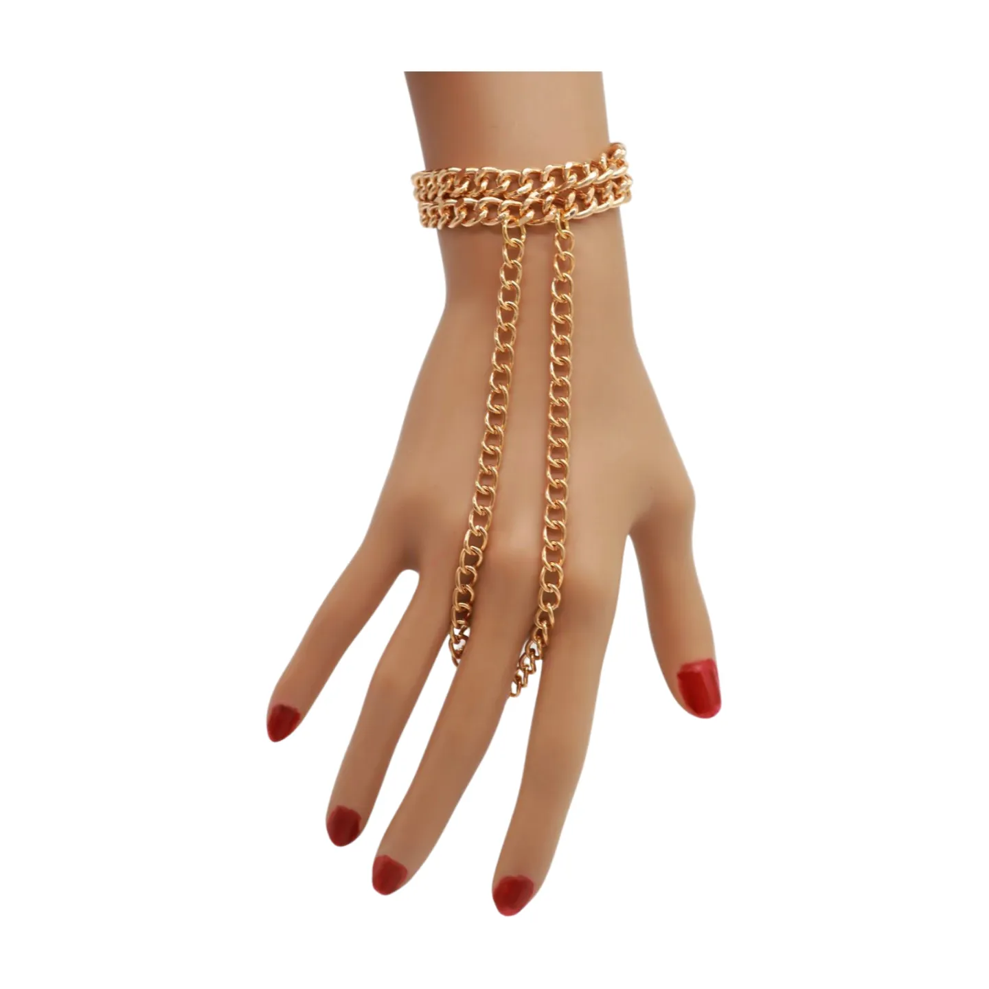 Women Gold Metal Hand Chain 2 Rows Bracelet Connected Ring