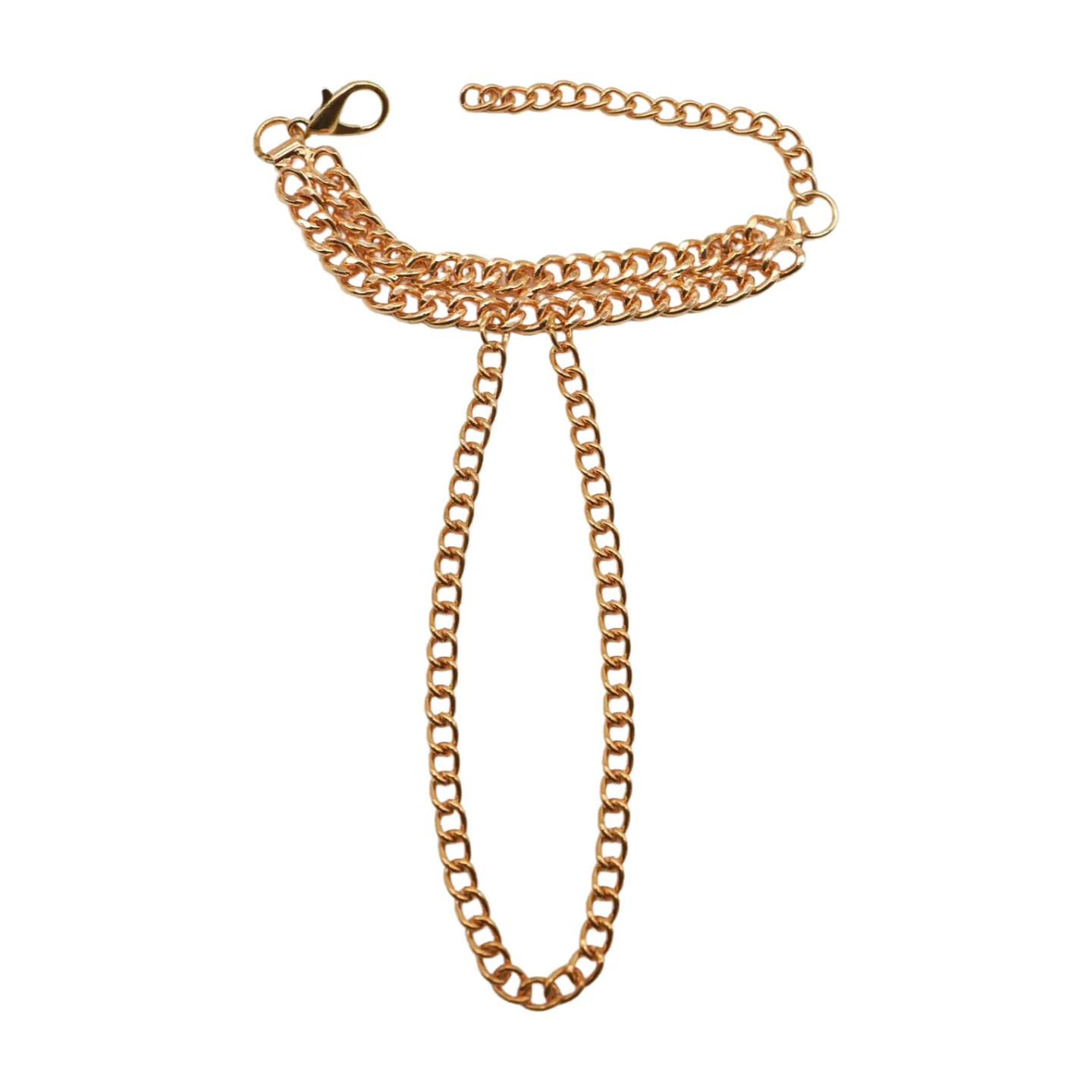 Women Gold Metal Hand Chain 2 Rows Bracelet Connected Ring