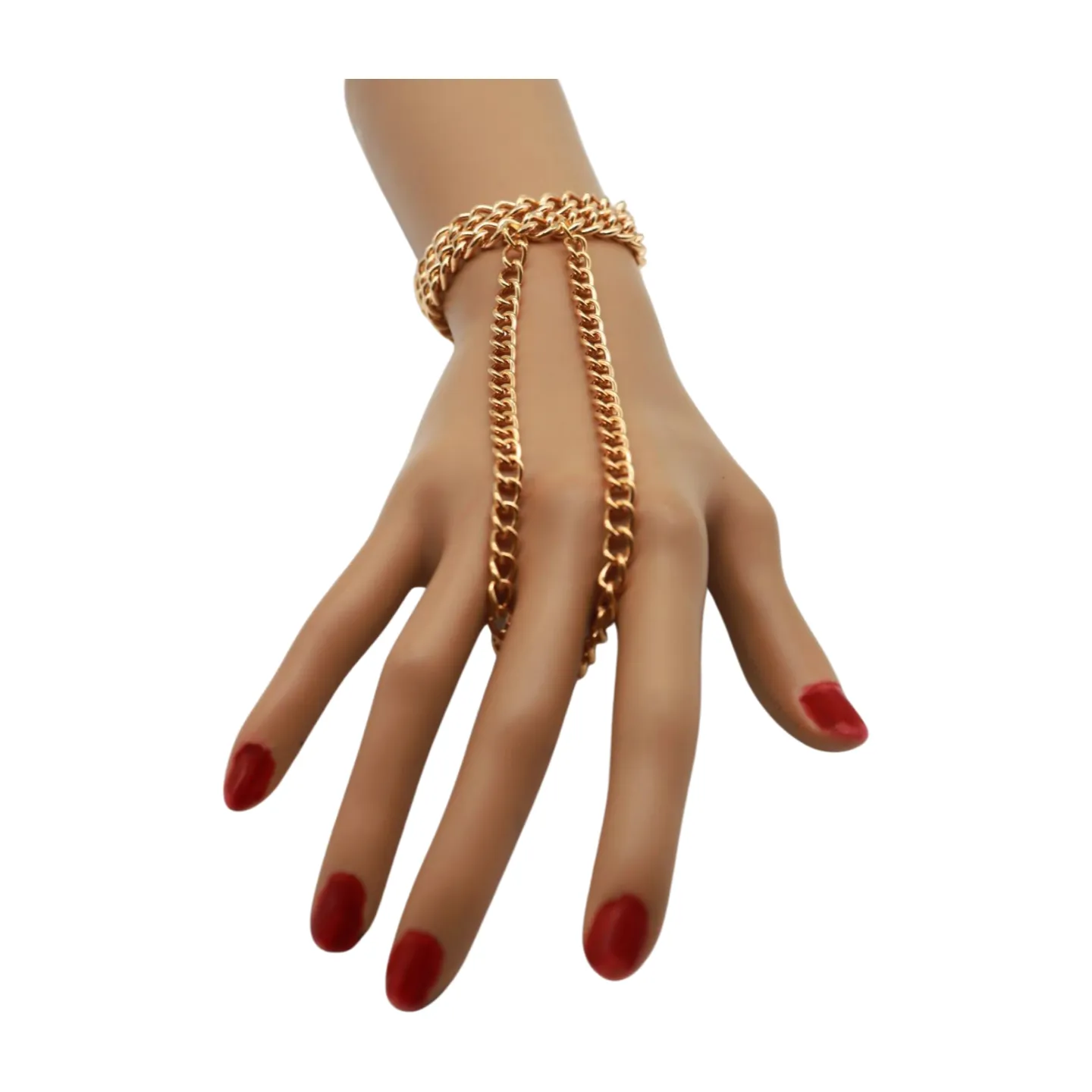 Women Gold Metal Hand Chain 2 Rows Bracelet Connected Ring