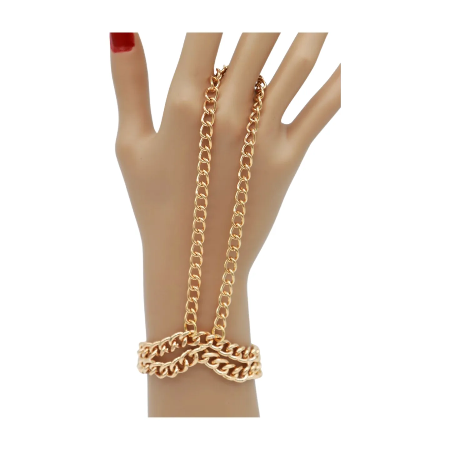 Women Gold Metal Hand Chain 2 Rows Bracelet Connected Ring