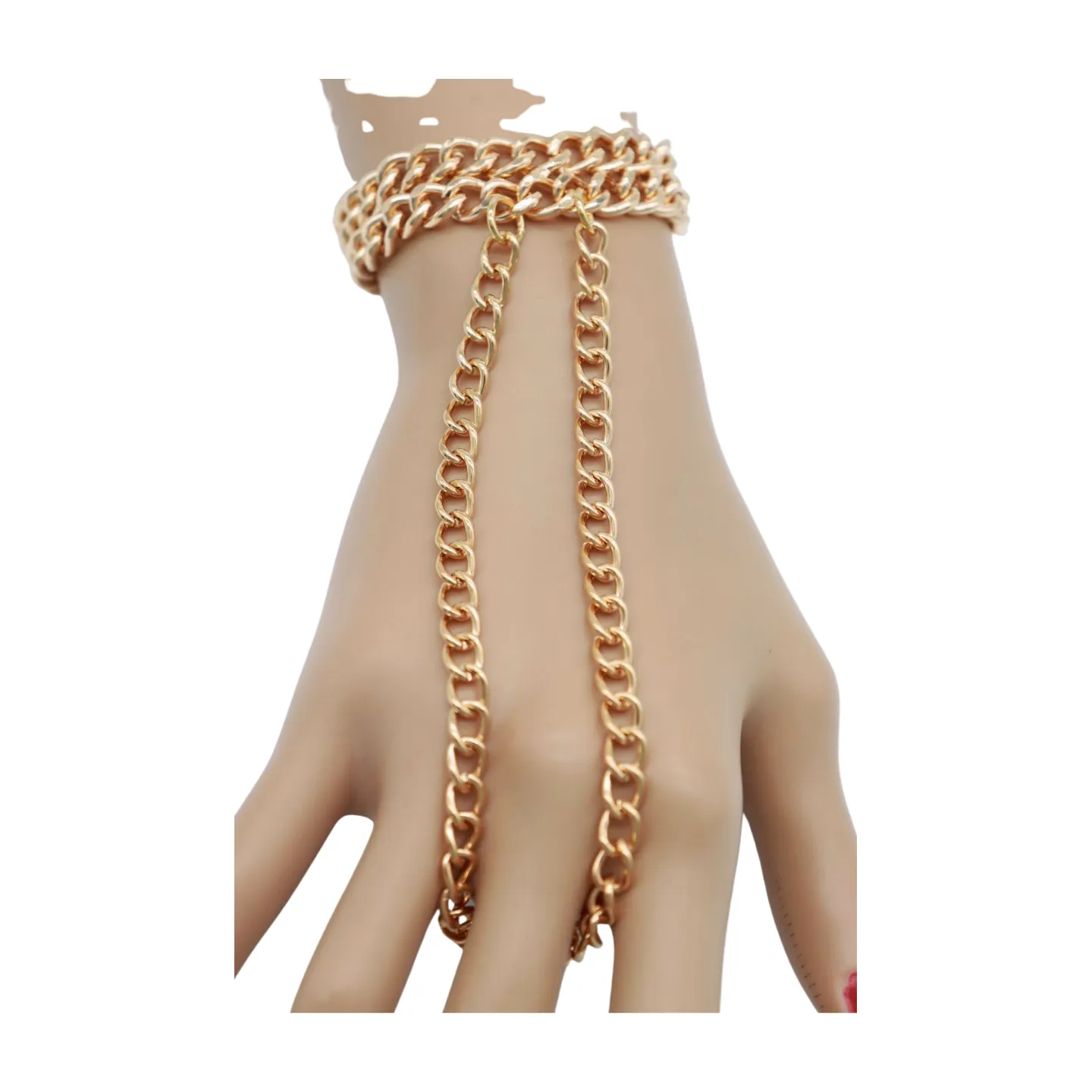 Women Gold Metal Hand Chain 2 Rows Bracelet Connected Ring