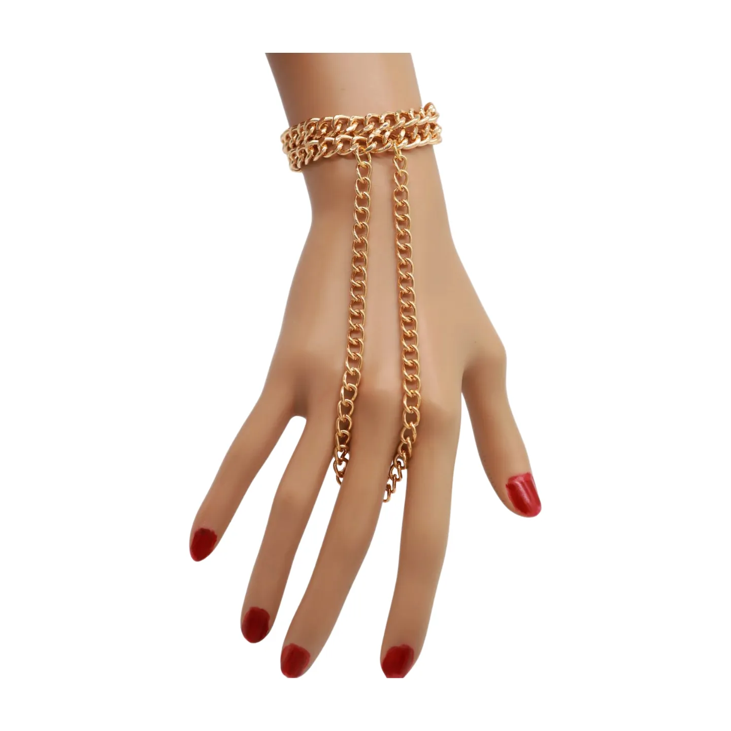 Women Gold Metal Hand Chain 2 Rows Bracelet Connected Ring