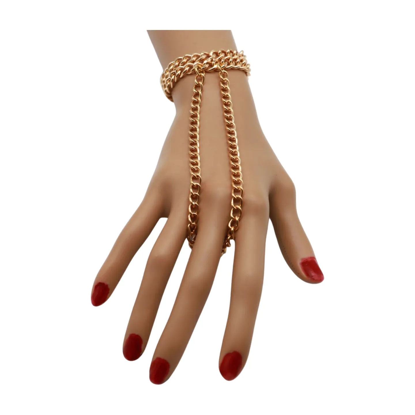 Women Gold Metal Hand Chain 2 Rows Bracelet Connected Ring