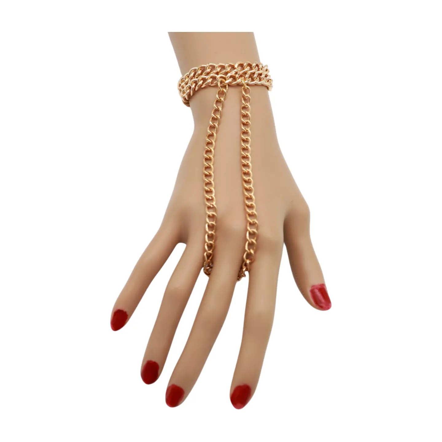 Women Gold Metal Hand Chain 2 Rows Bracelet Connected Ring