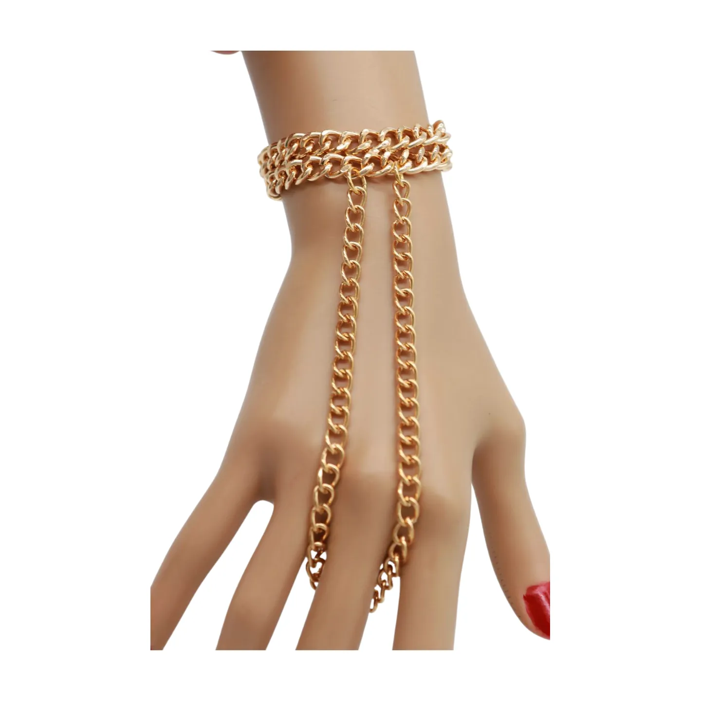 Women Gold Metal Hand Chain 2 Rows Bracelet Connected Ring