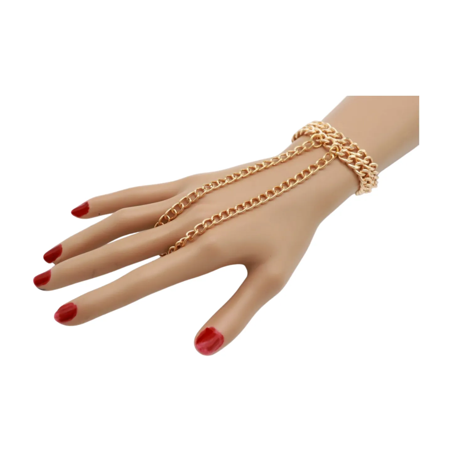 Women Gold Metal Hand Chain 2 Rows Bracelet Connected Ring