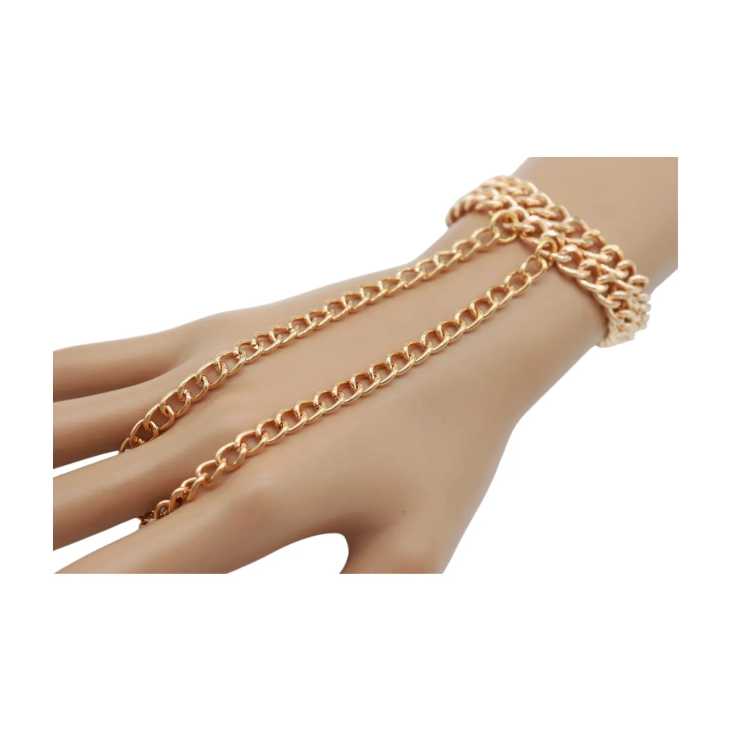 Women Gold Metal Hand Chain 2 Rows Bracelet Connected Ring