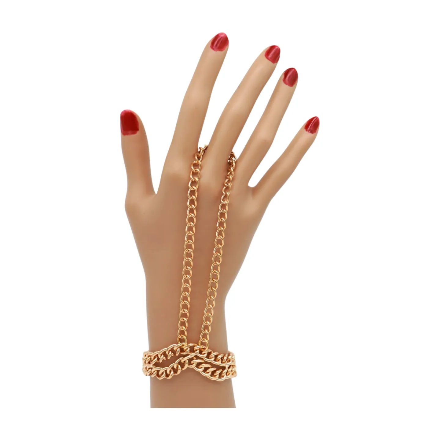 Women Gold Metal Hand Chain 2 Rows Bracelet Connected Ring