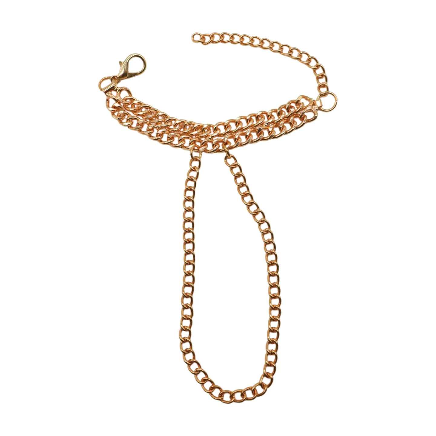 Women Gold Metal Hand Chain 2 Rows Bracelet Connected Ring