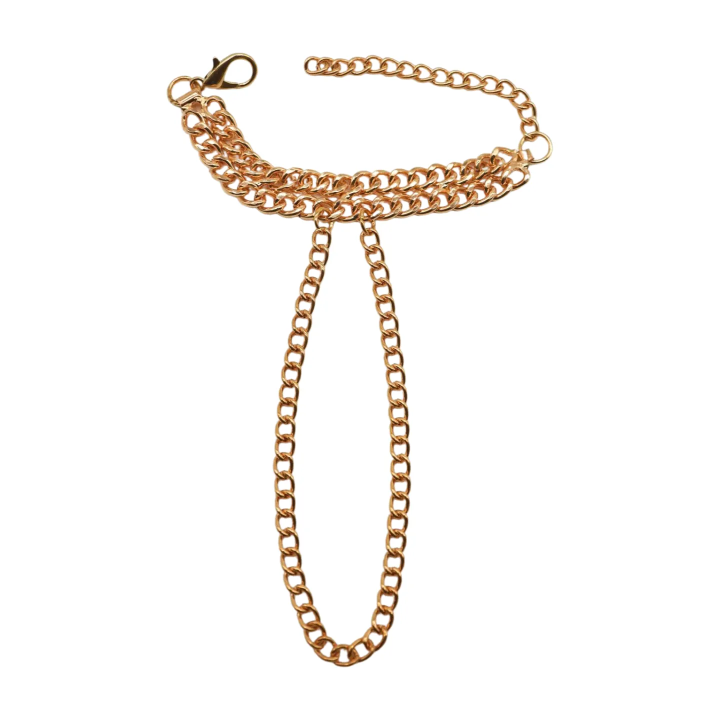 Women Gold Metal Hand Chain 2 Rows Bracelet Connected Ring