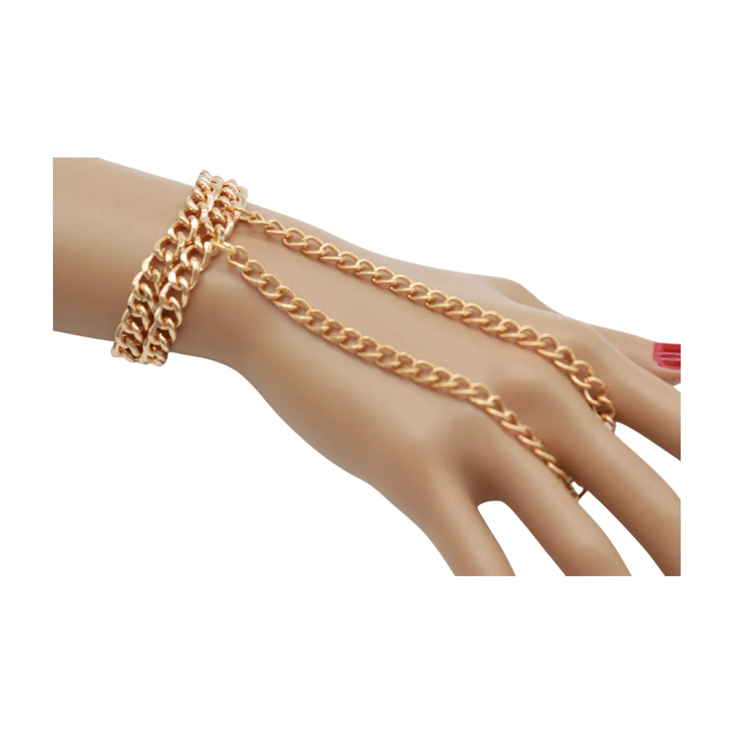 Women Gold Metal Hand Chain 2 Rows Bracelet Connected Ring