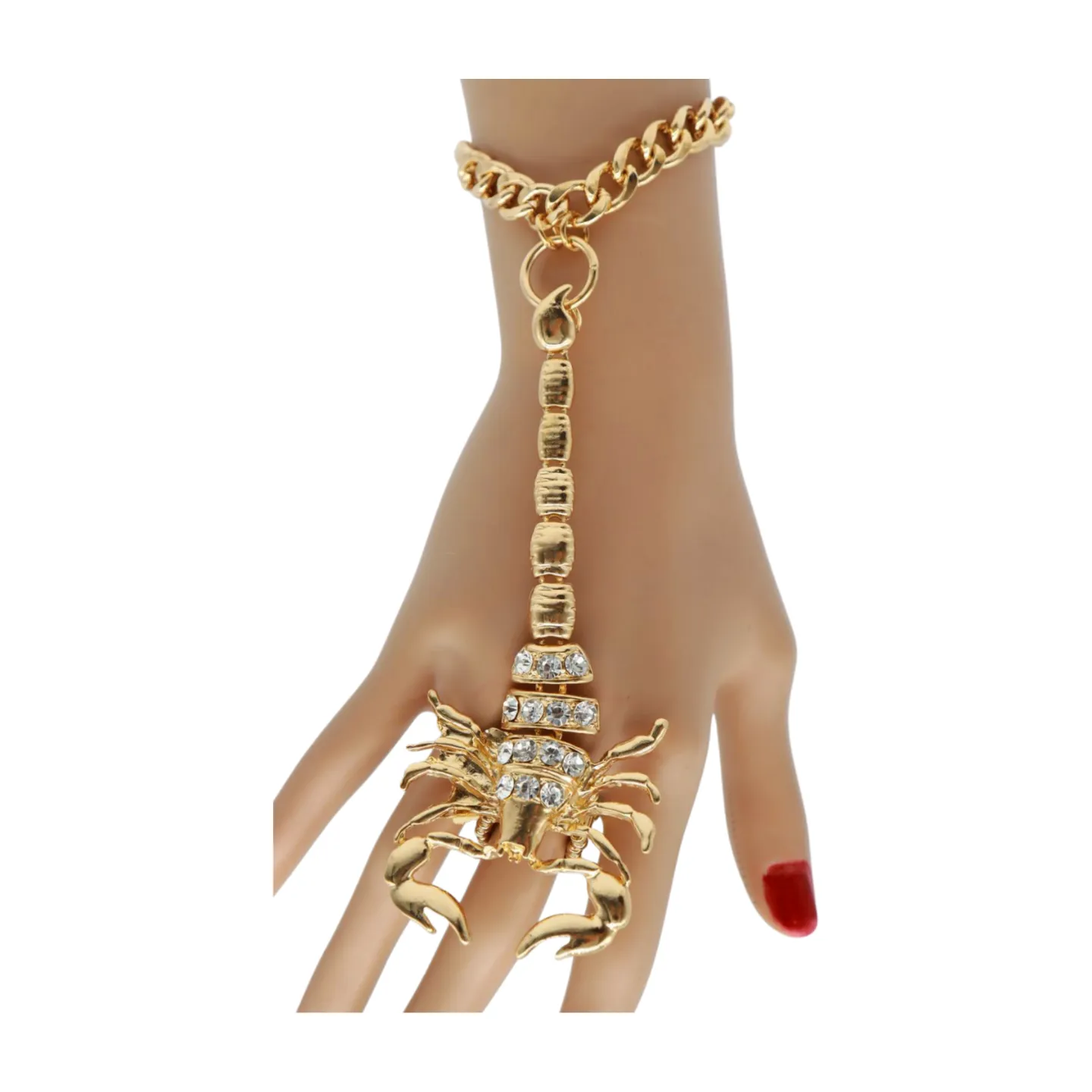 Women Gold Metal Hand Chain Bracelet Scorpion Connected Ring