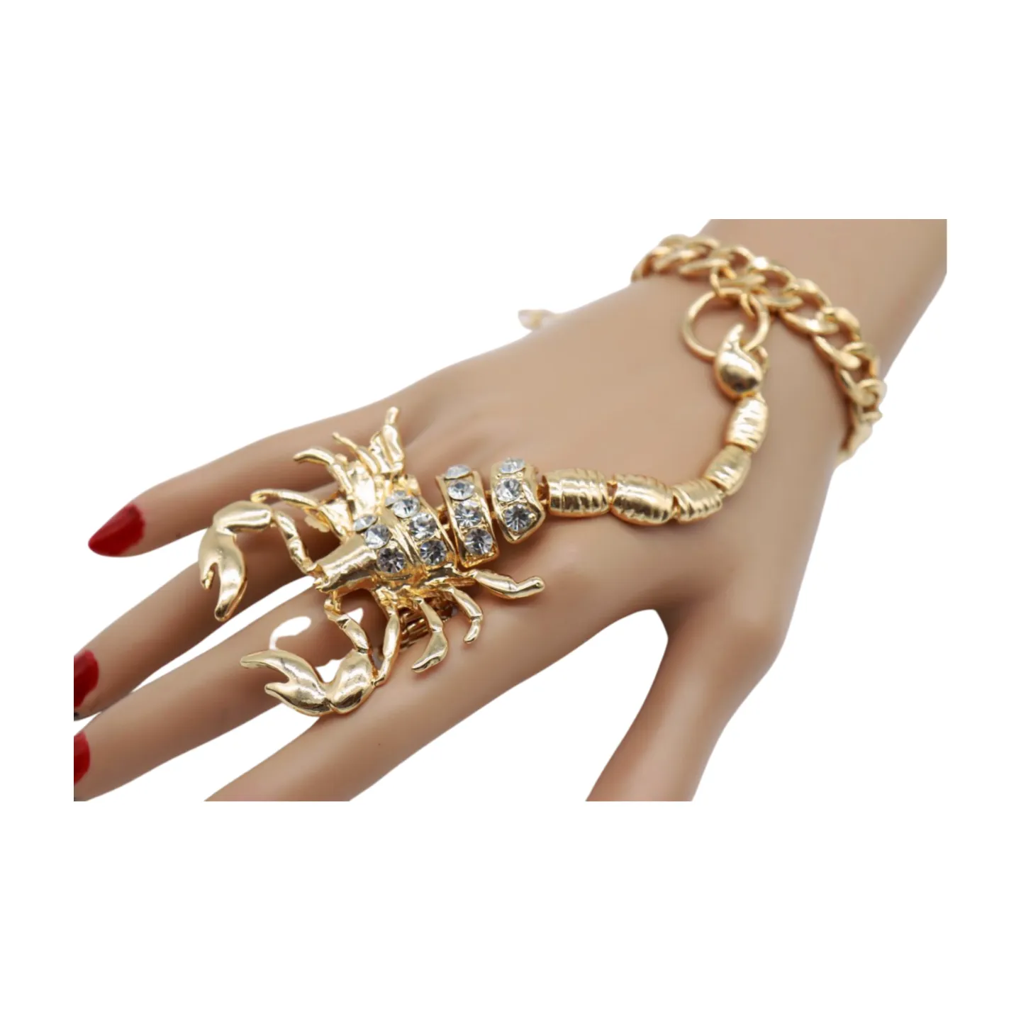Women Gold Metal Hand Chain Bracelet Scorpion Connected Ring