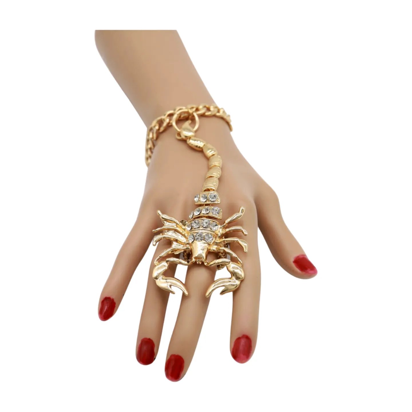 Women Gold Metal Hand Chain Bracelet Scorpion Connected Ring