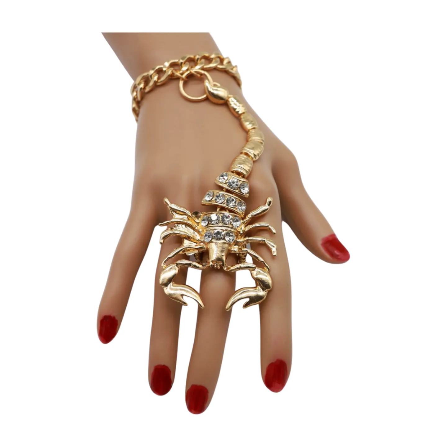 Women Gold Metal Hand Chain Bracelet Scorpion Connected Ring