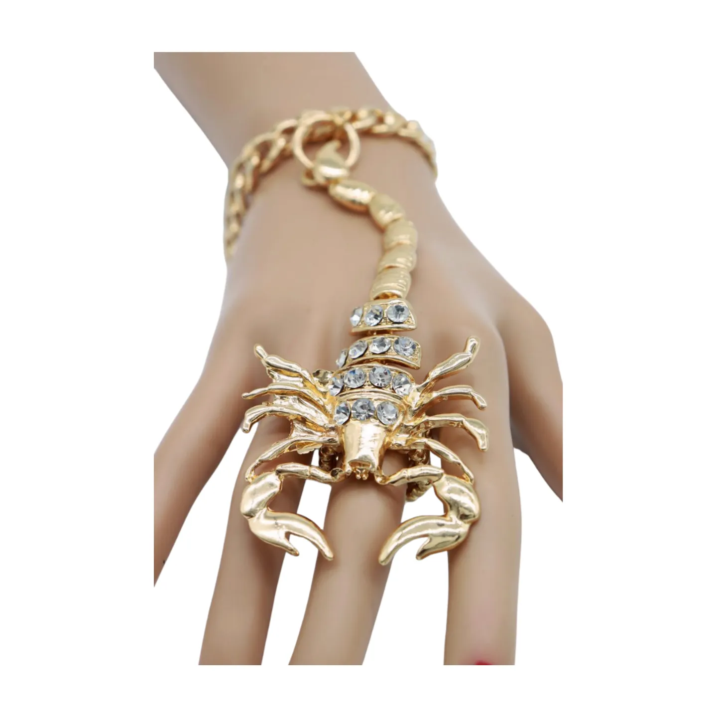 Women Gold Metal Hand Chain Bracelet Scorpion Connected Ring