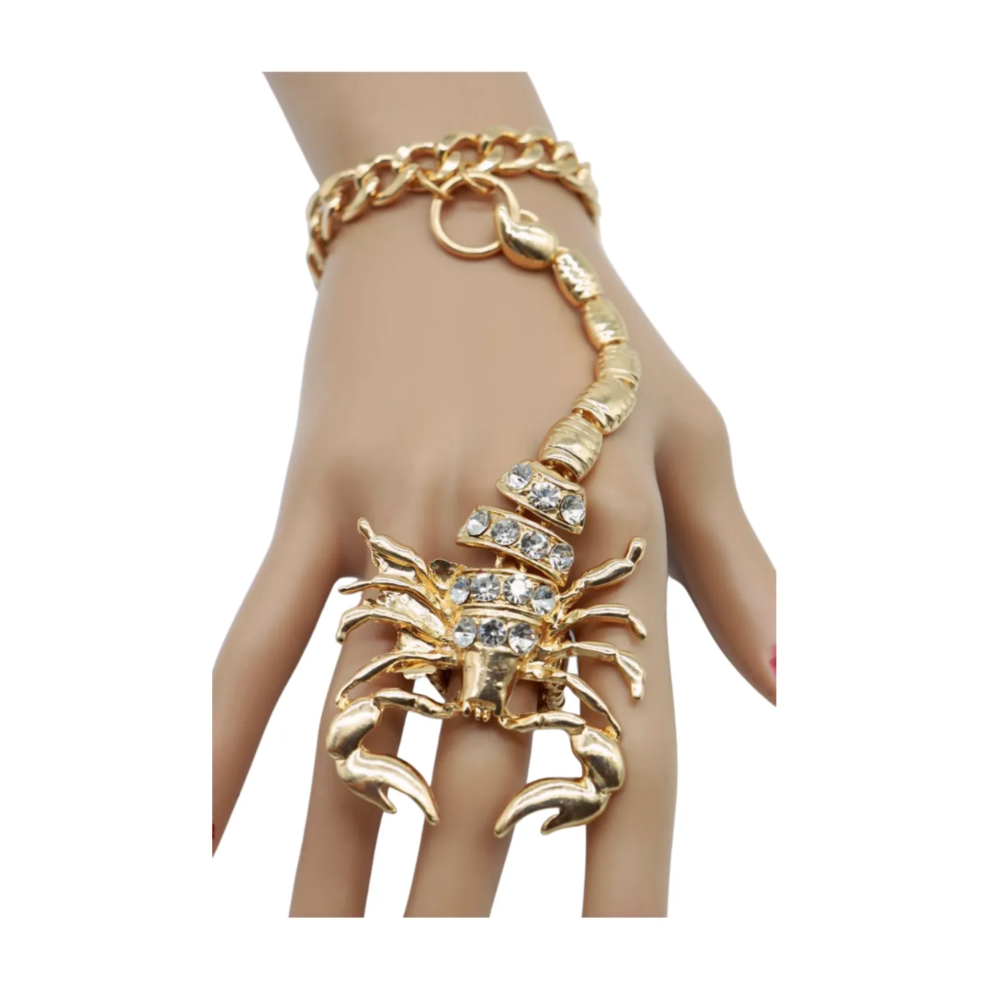 Women Gold Metal Hand Chain Bracelet Scorpion Connected Ring