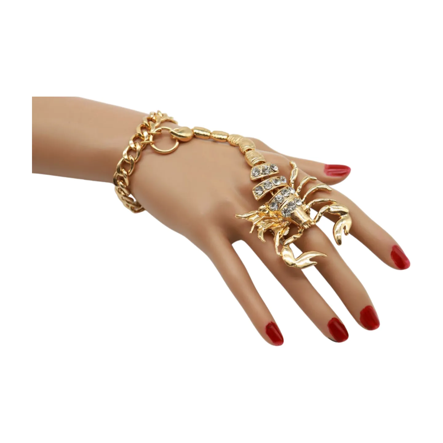 Women Gold Metal Hand Chain Bracelet Scorpion Connected Ring