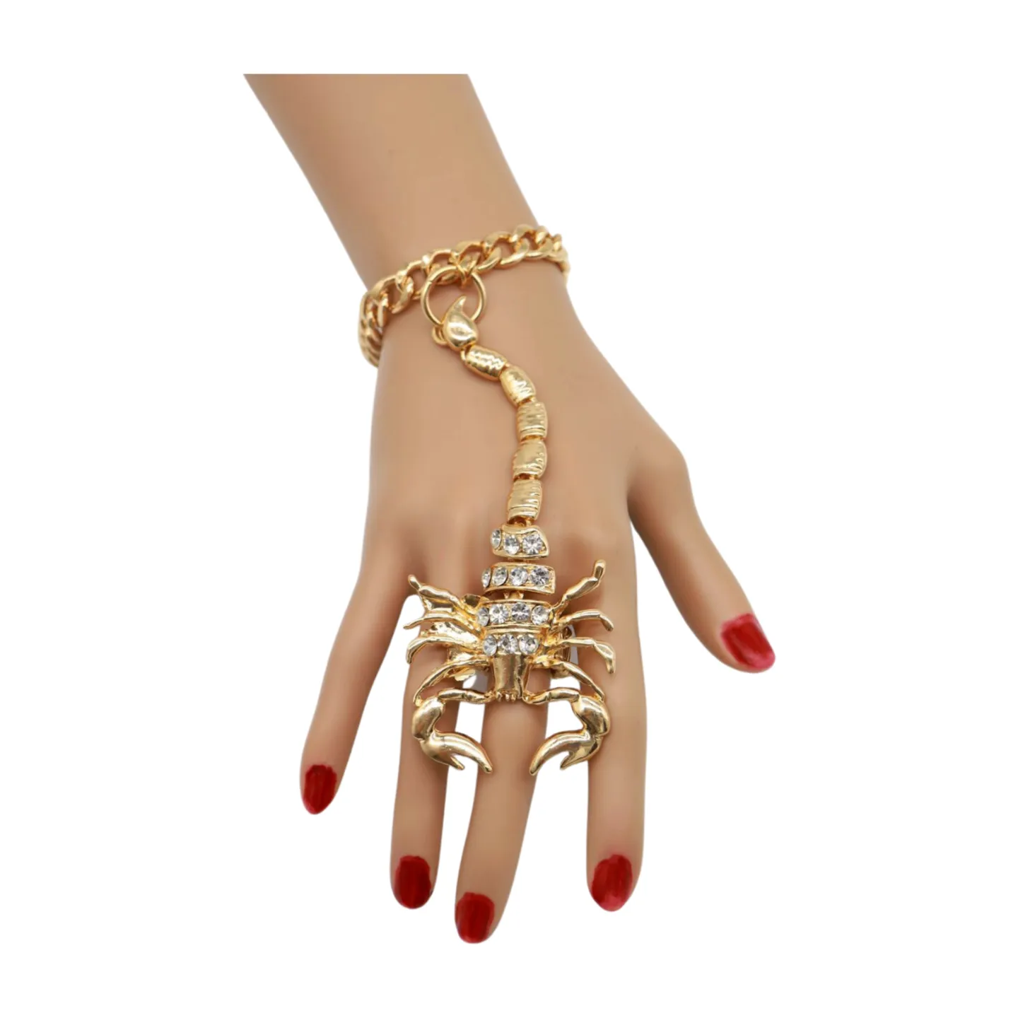 Women Gold Metal Hand Chain Bracelet Scorpion Connected Ring