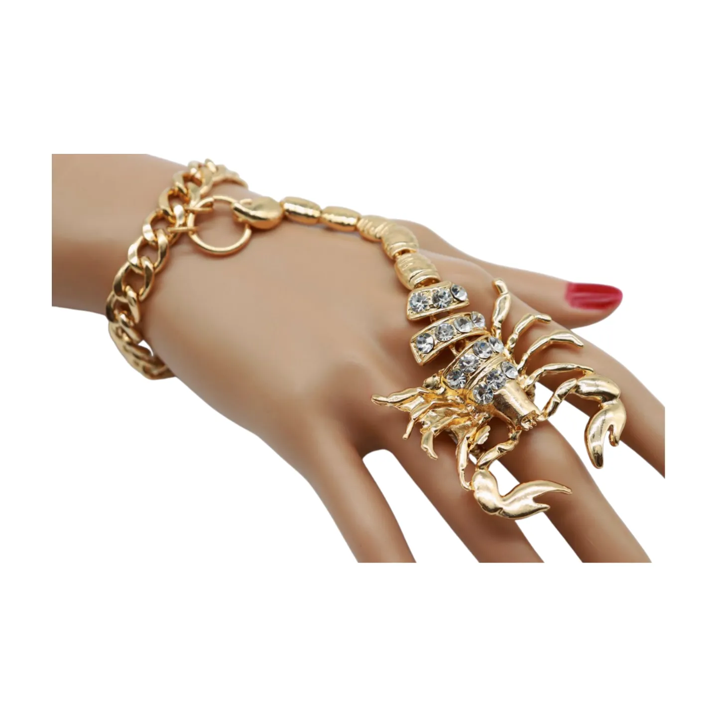 Women Gold Metal Hand Chain Bracelet Scorpion Connected Ring