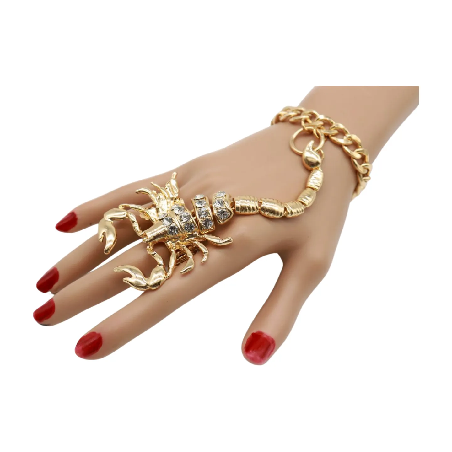 Women Gold Metal Hand Chain Bracelet Scorpion Connected Ring
