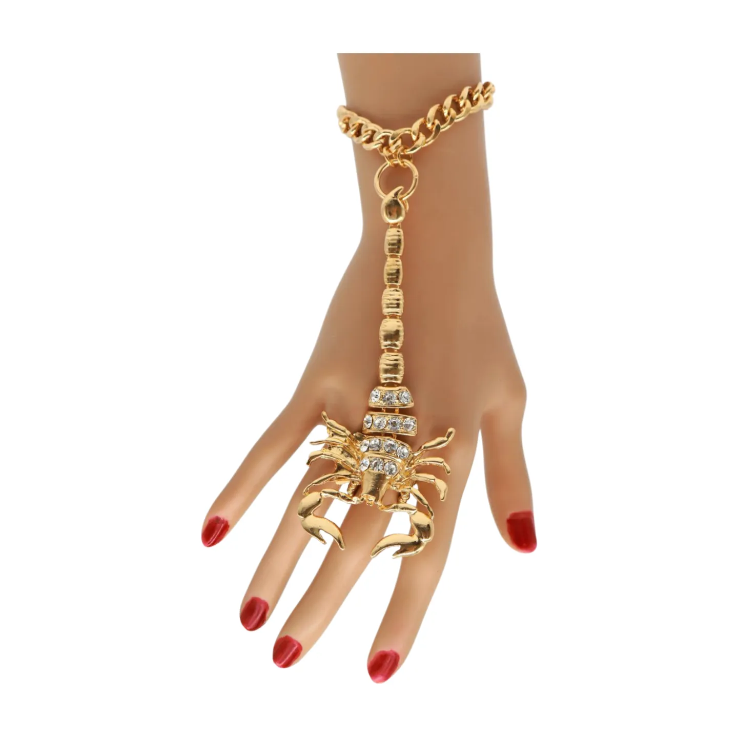Women Gold Metal Hand Chain Bracelet Scorpion Connected Ring