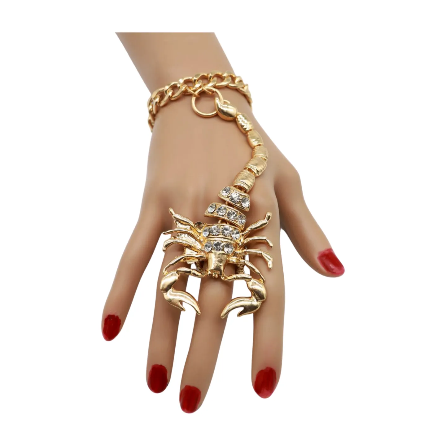 Women Gold Metal Hand Chain Bracelet Scorpion Connected Ring
