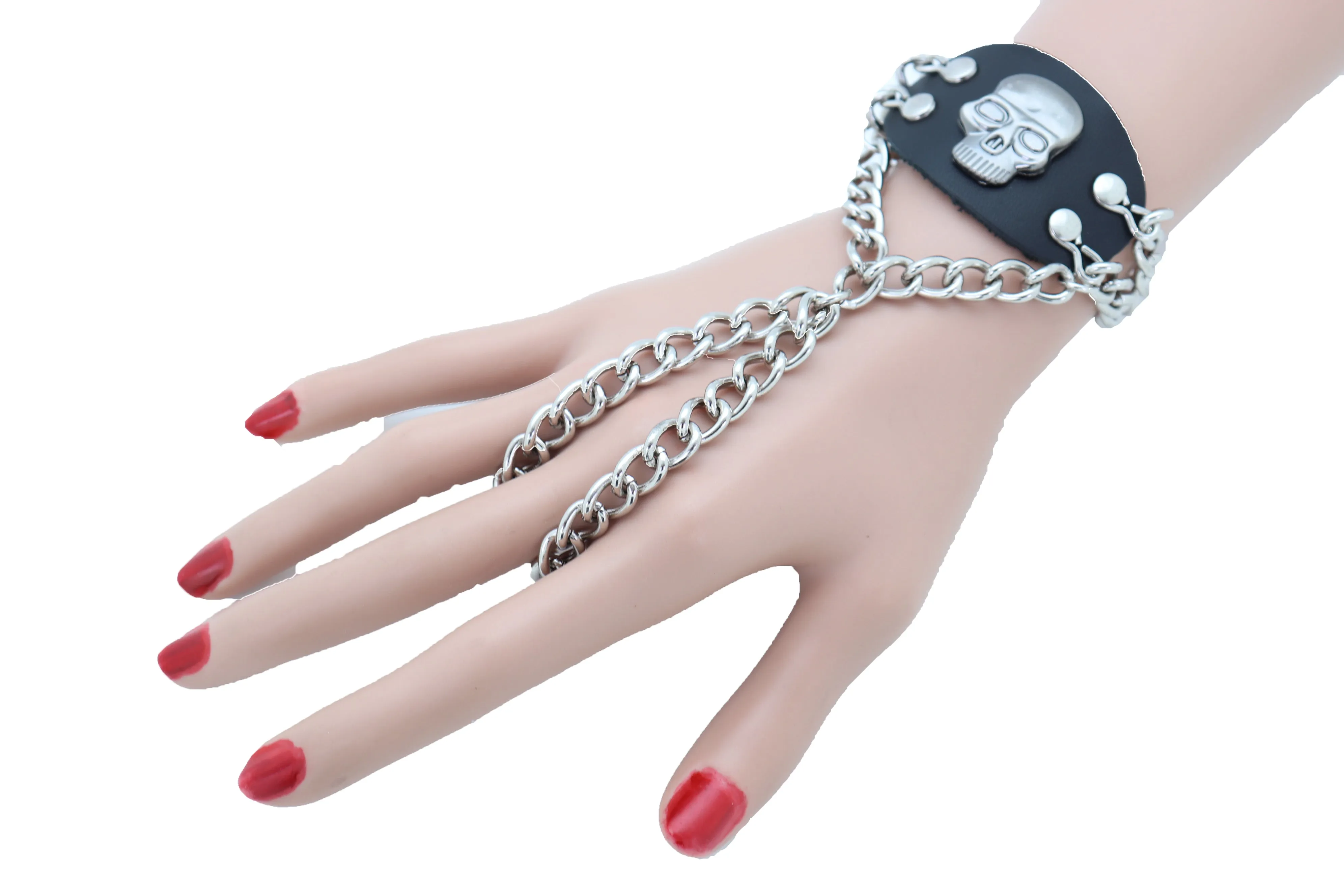 Women Men Bracelet Silver Metal Hand Chain Skull Charm Biker One Size