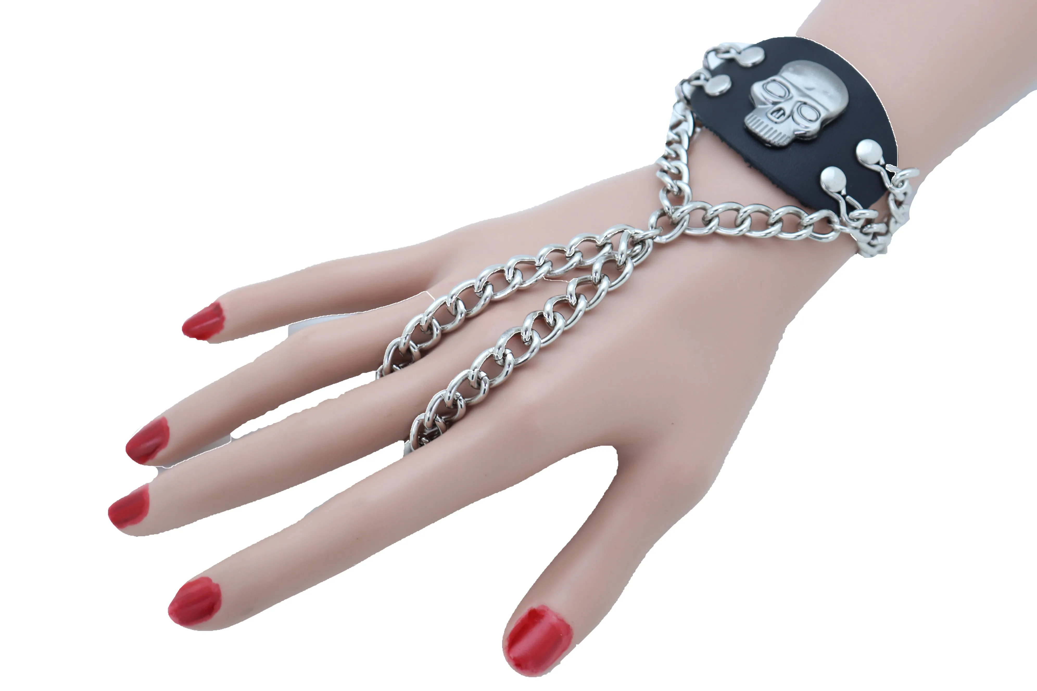 Women Men Bracelet Silver Metal Hand Chain Skull Charm Biker One Size