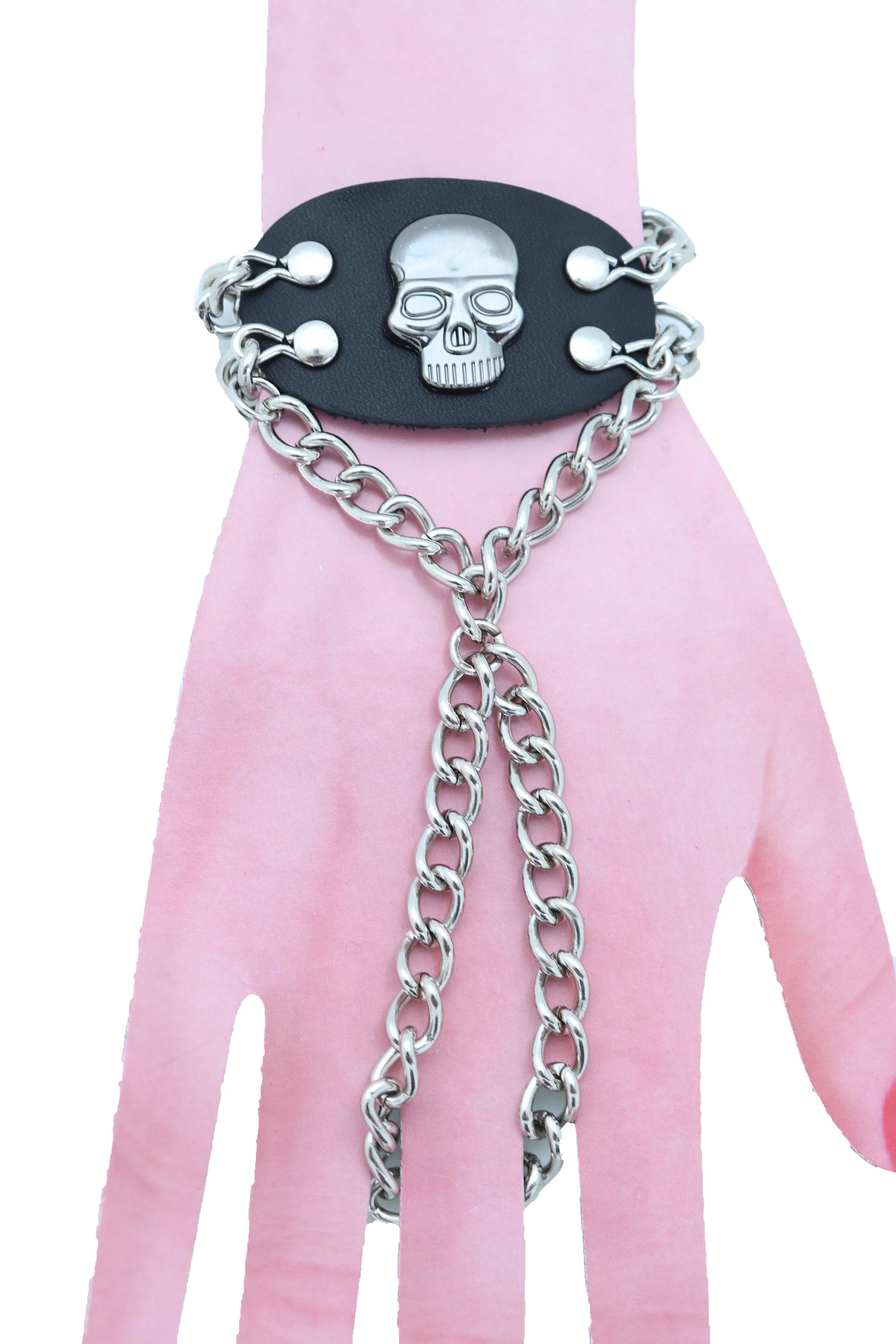 Women Men Bracelet Silver Metal Hand Chain Skull Charm Biker One Size