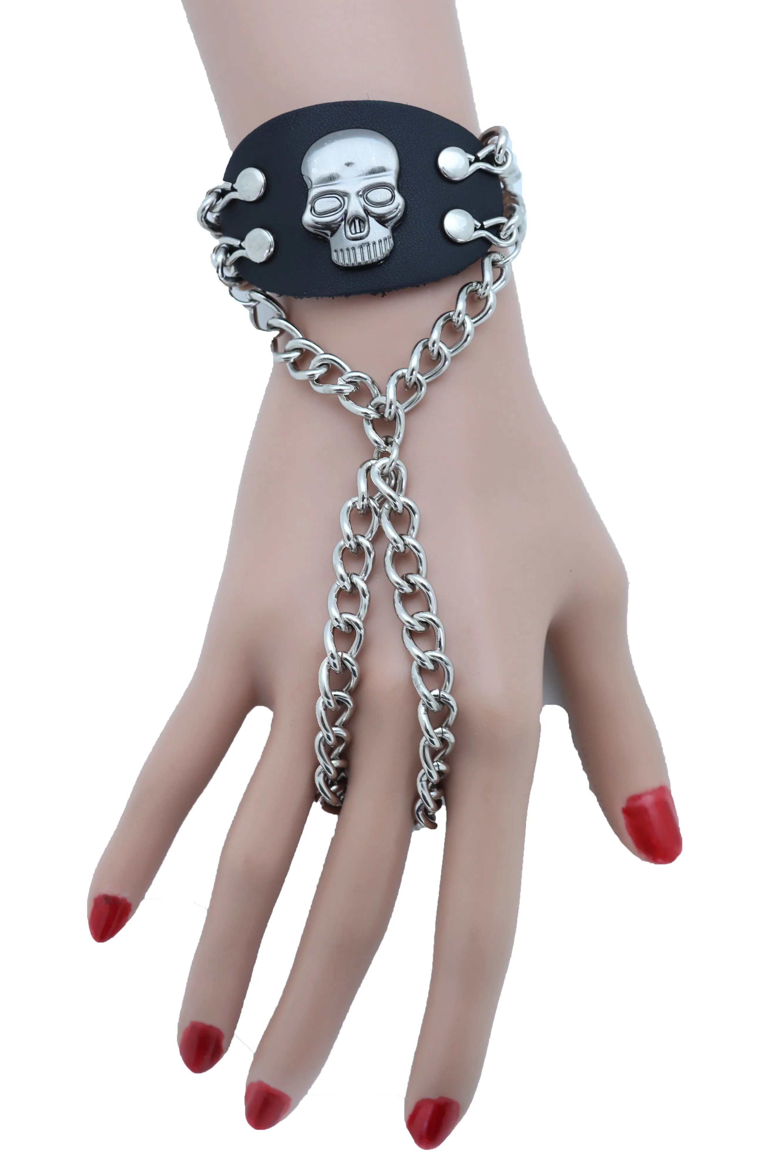 Women Men Bracelet Silver Metal Hand Chain Skull Charm Biker One Size