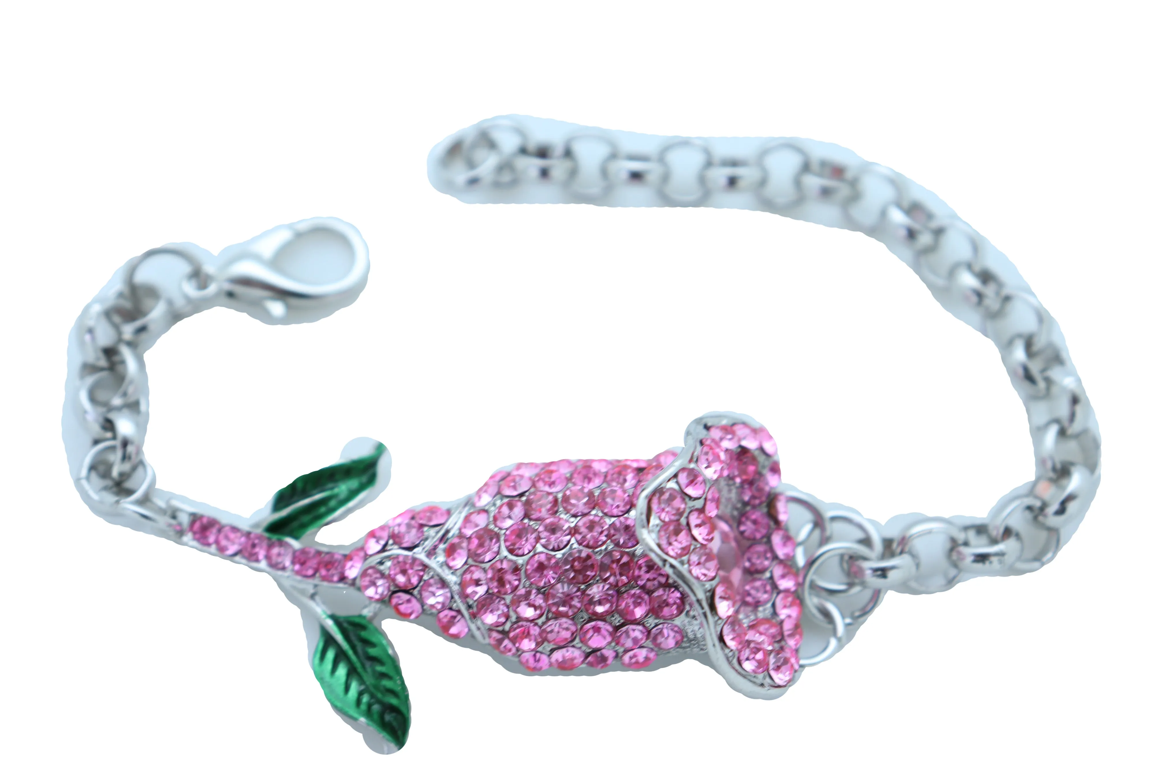 Women Silver Metal Chain Wrist Bracelet Pink Bling Flower Charm Wedding Bridal Style