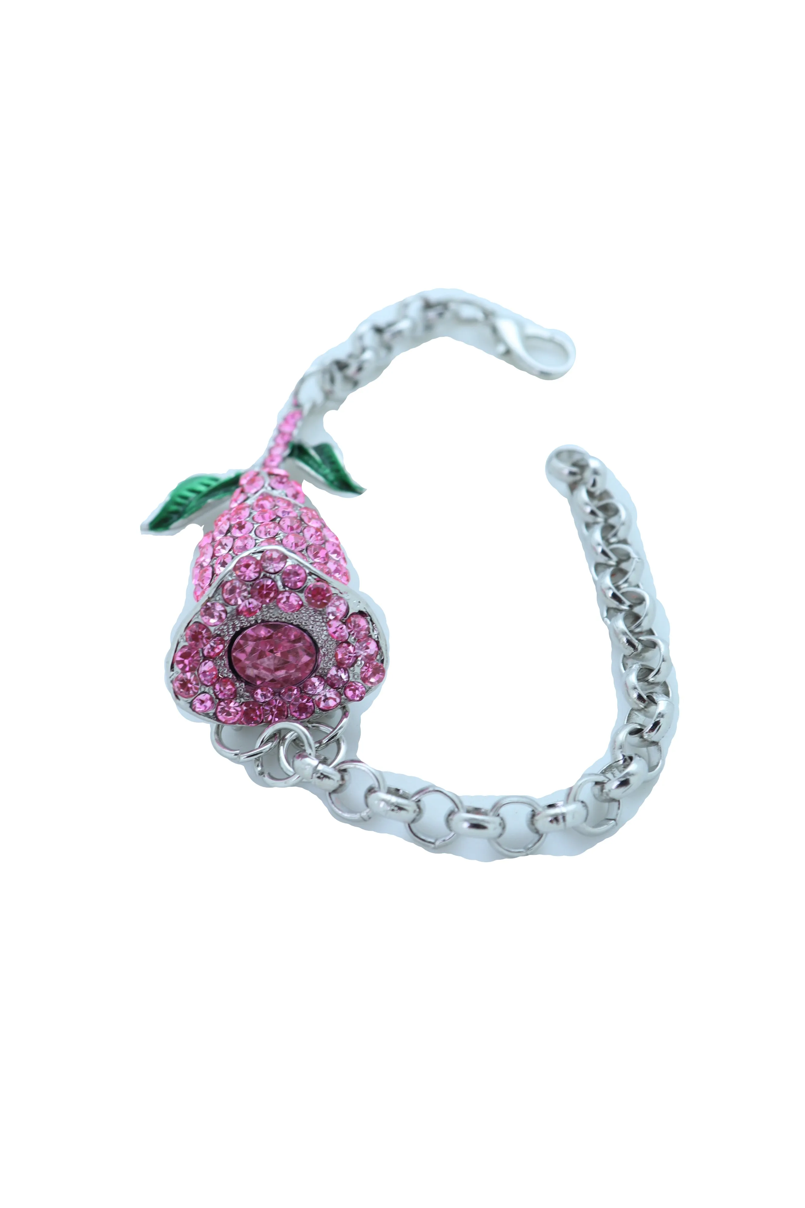 Women Silver Metal Chain Wrist Bracelet Pink Bling Flower Charm Wedding Bridal Style