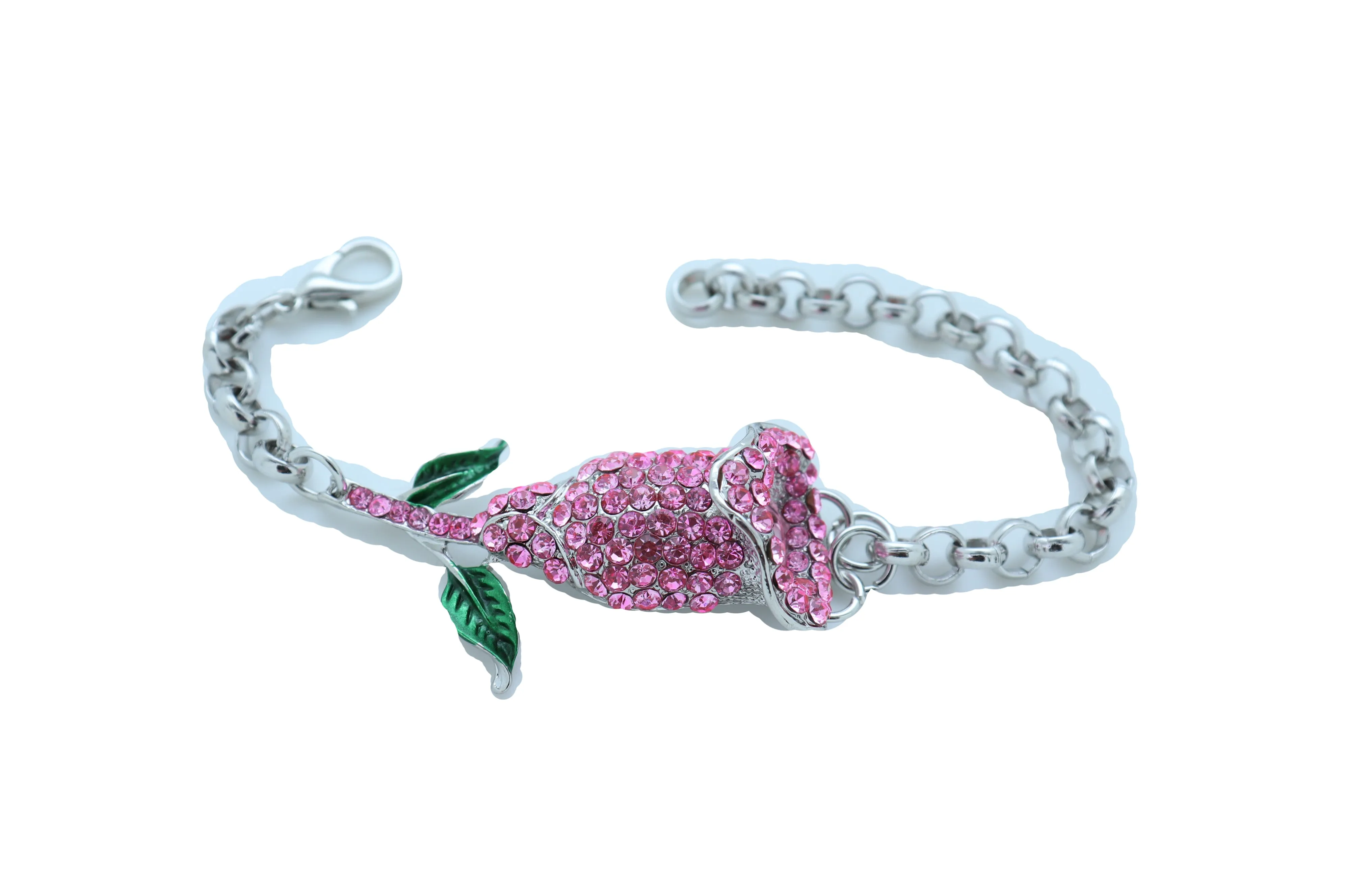 Women Silver Metal Chain Wrist Bracelet Pink Bling Flower Charm Wedding Bridal Style