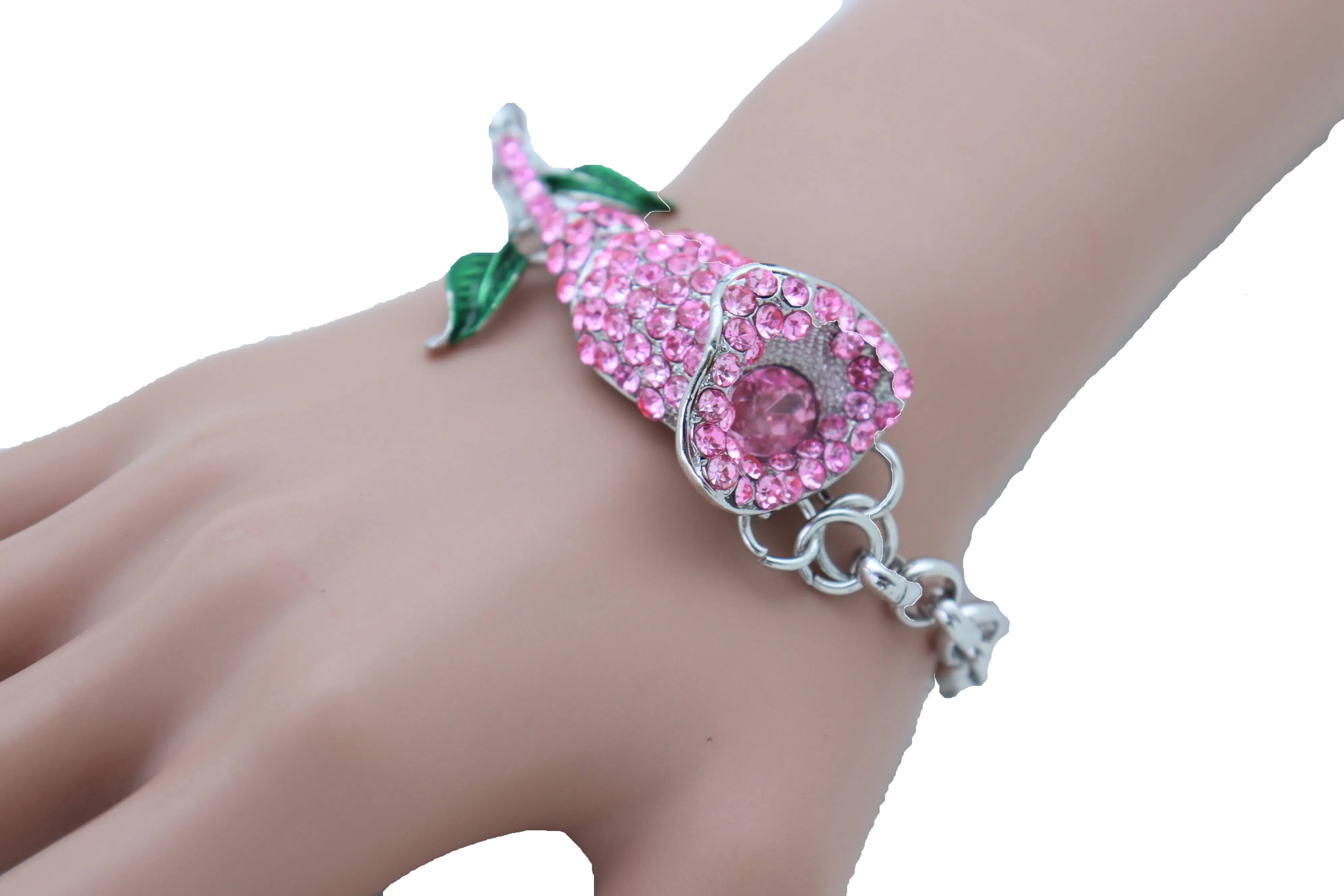 Women Silver Metal Chain Wrist Bracelet Pink Bling Flower Charm Wedding Bridal Style