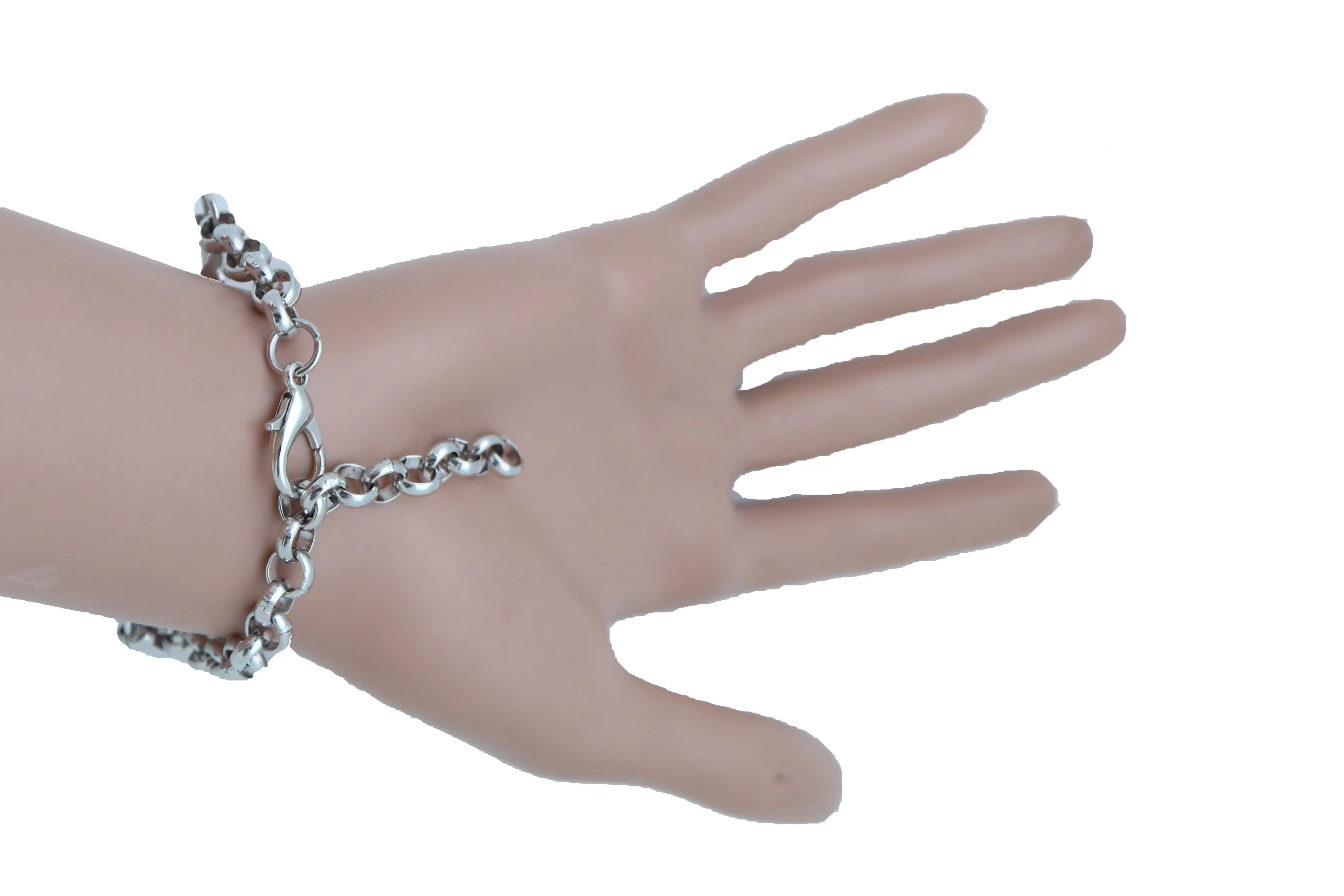 Women Silver Metal Chain Wrist Bracelet Pink Bling Flower Charm Wedding Bridal Style