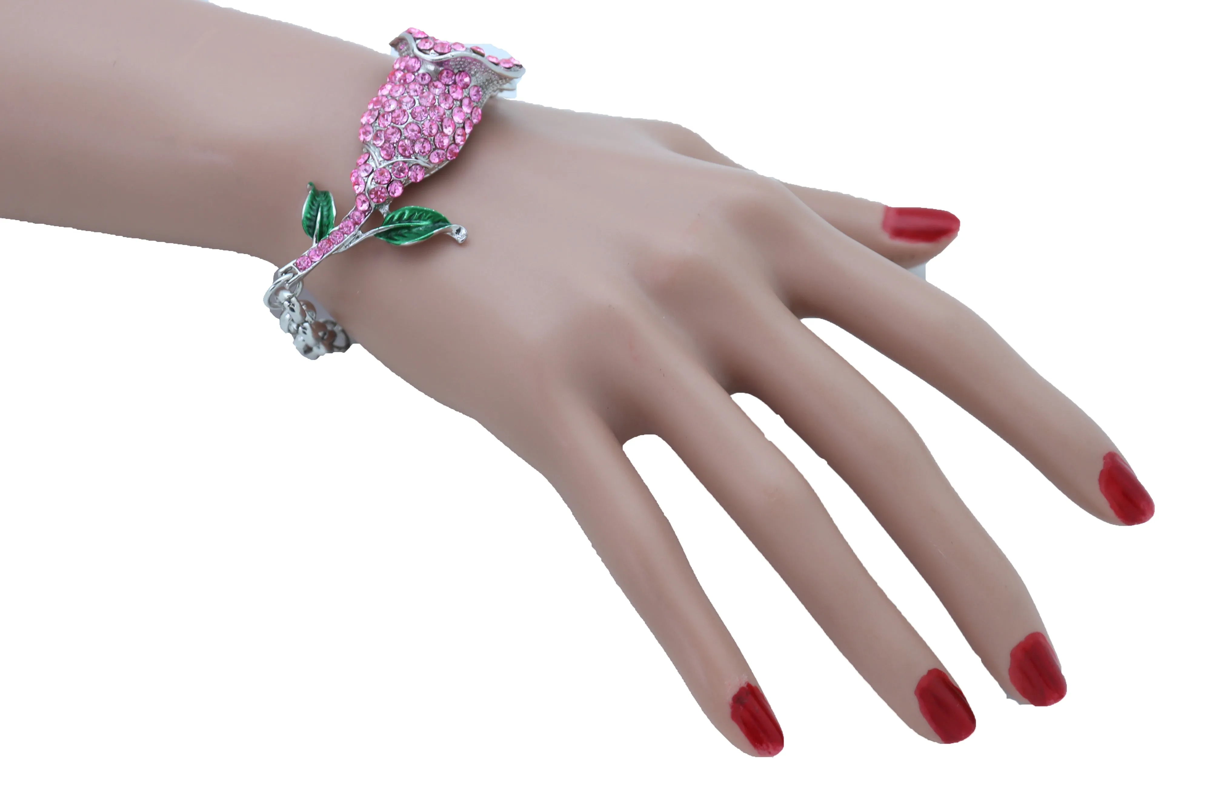 Women Silver Metal Chain Wrist Bracelet Pink Bling Flower Charm Wedding Bridal Style