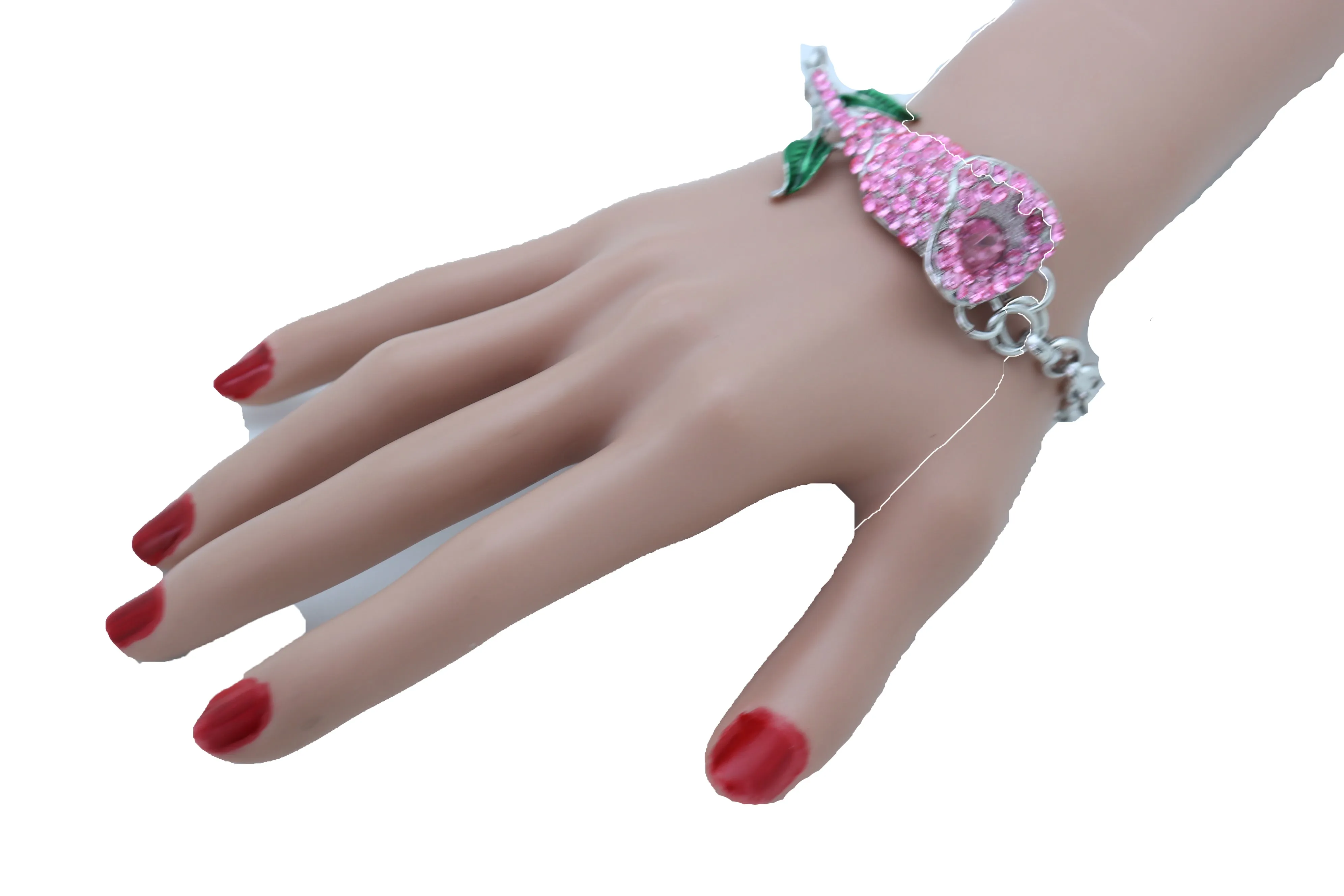 Women Silver Metal Chain Wrist Bracelet Pink Bling Flower Charm Wedding Bridal Style