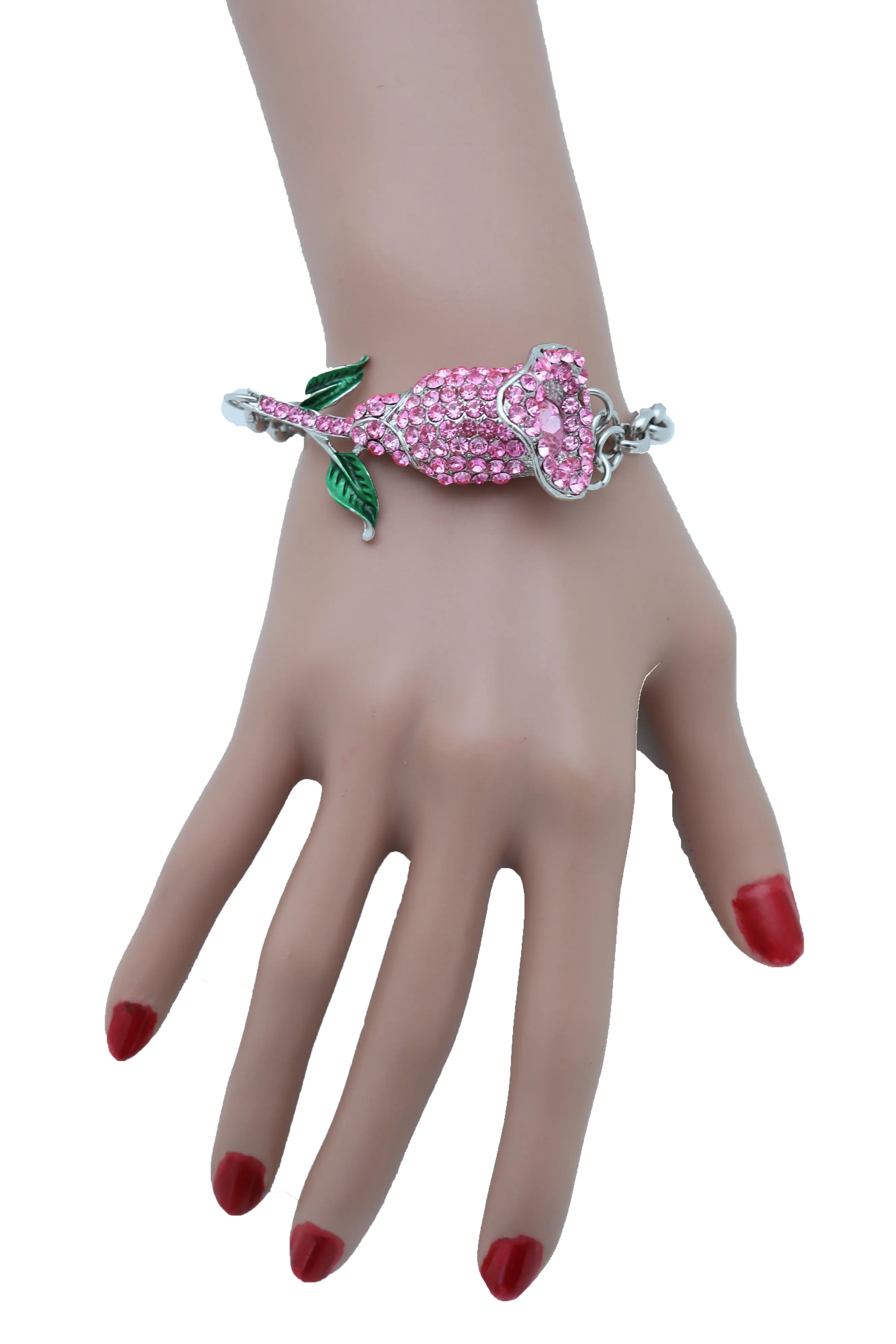 Women Silver Metal Chain Wrist Bracelet Pink Bling Flower Charm Wedding Bridal Style