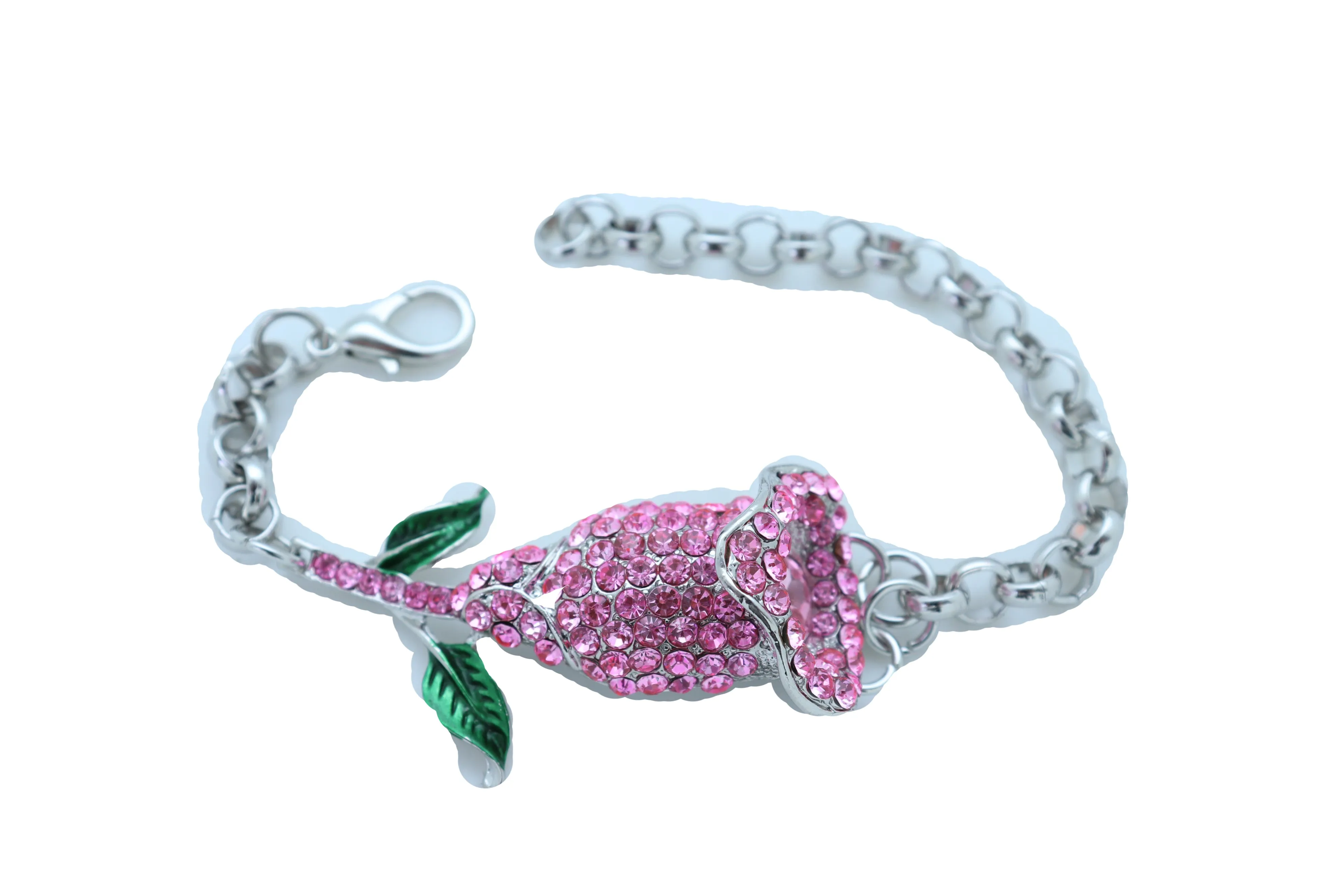 Women Silver Metal Chain Wrist Bracelet Pink Bling Flower Charm Wedding Bridal Style