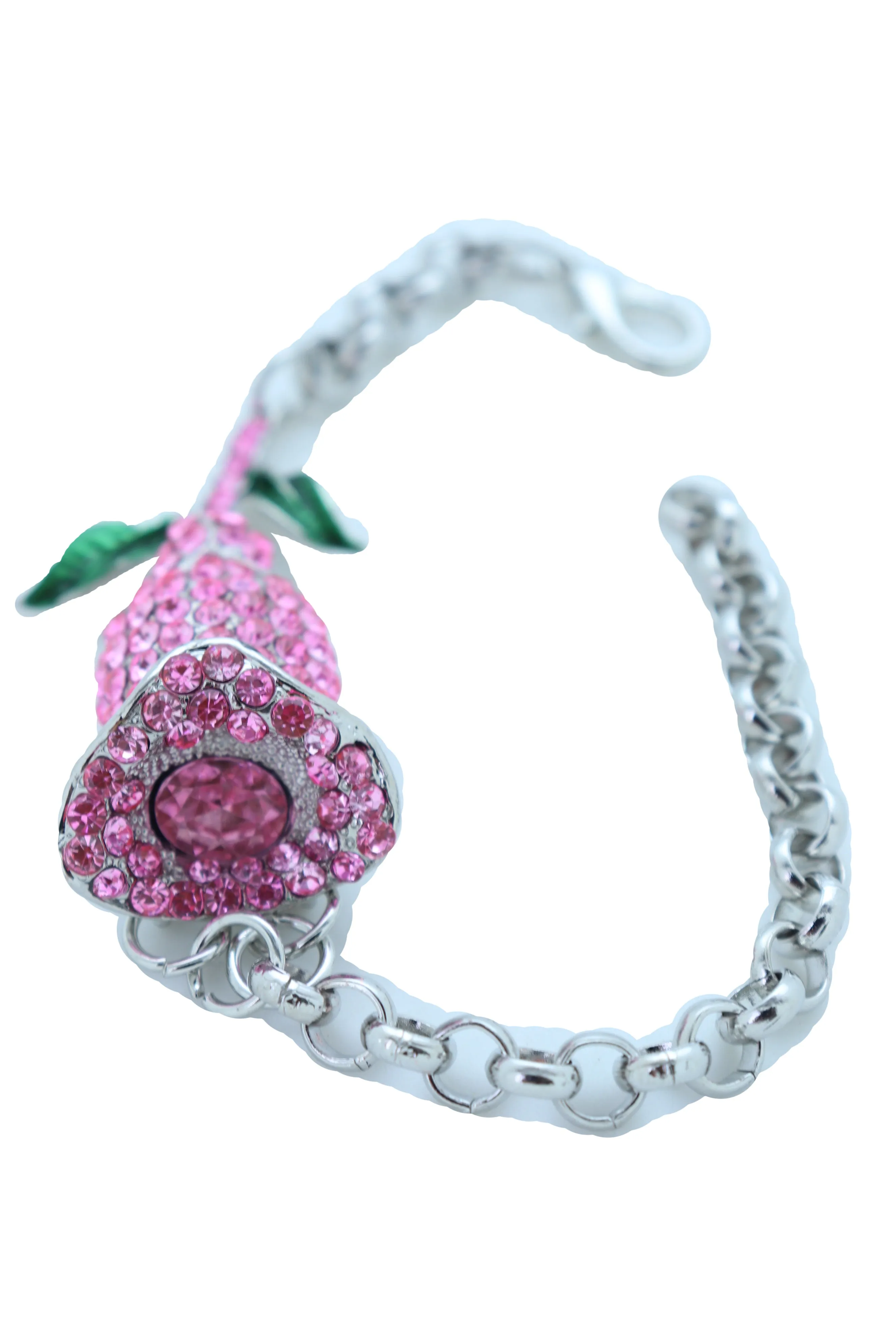 Women Silver Metal Chain Wrist Bracelet Pink Bling Flower Charm Wedding Bridal Style