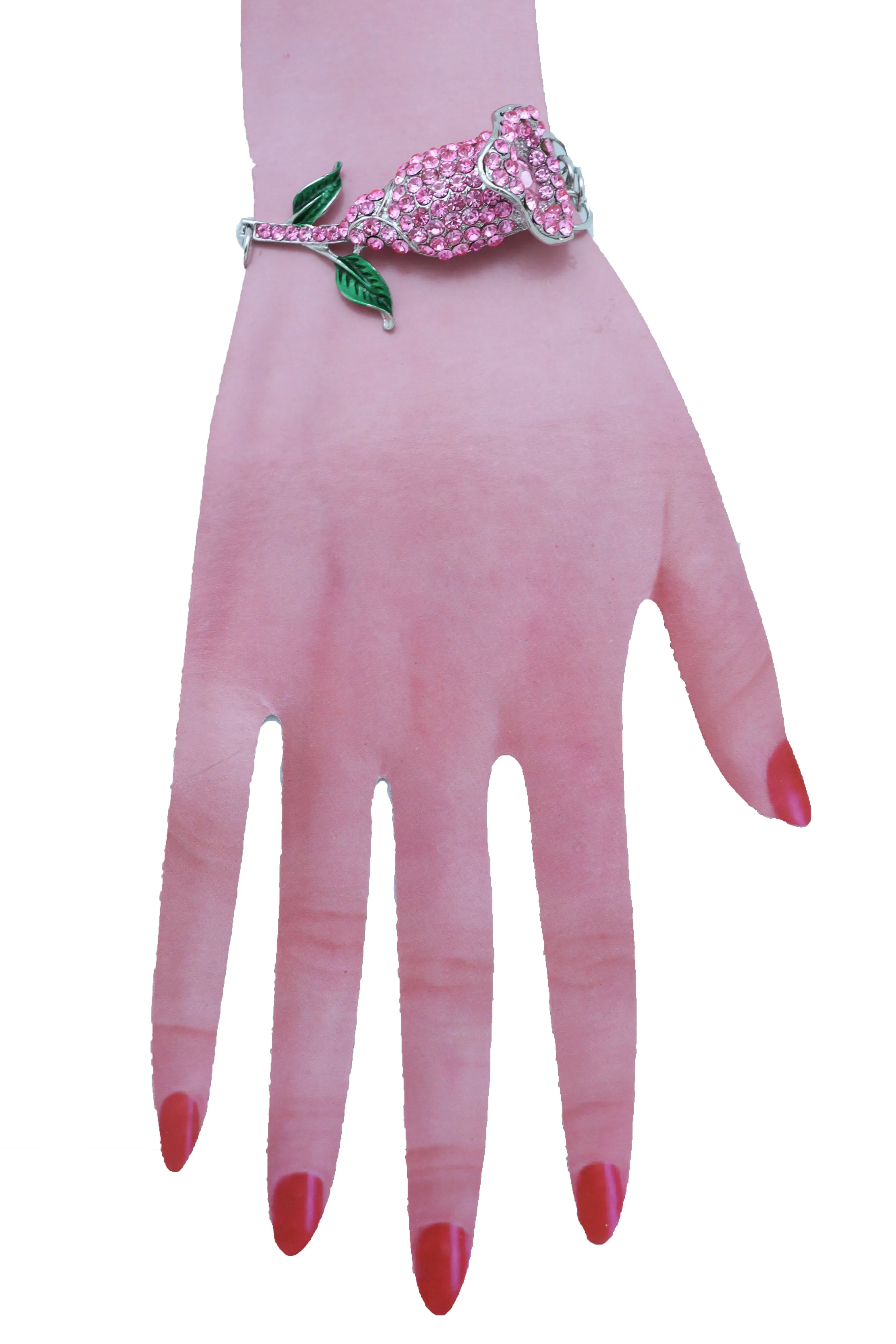 Women Silver Metal Chain Wrist Bracelet Pink Bling Flower Charm Wedding Bridal Style