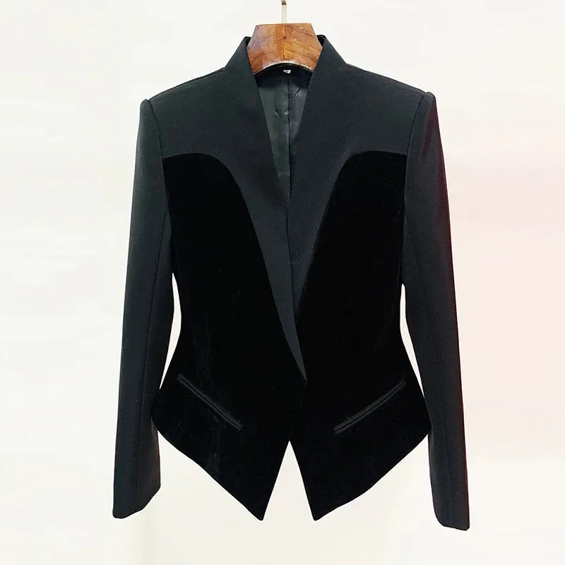 Women's Designer Jacket Chic Slim Fitting Patchwork Velvet Blazer