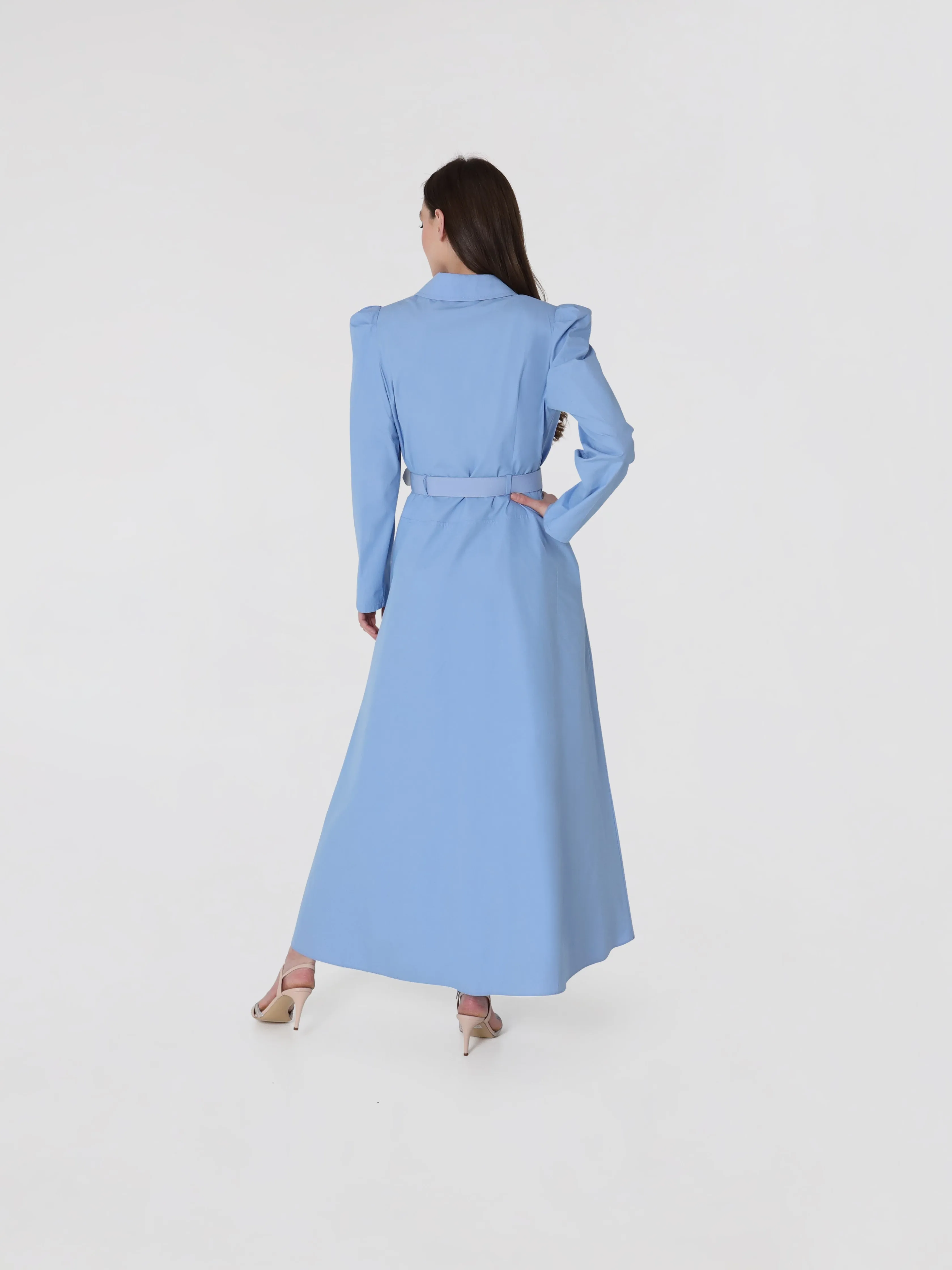 Women's Double Breasted Belted Cotton Maxi Dress In Maya Blue