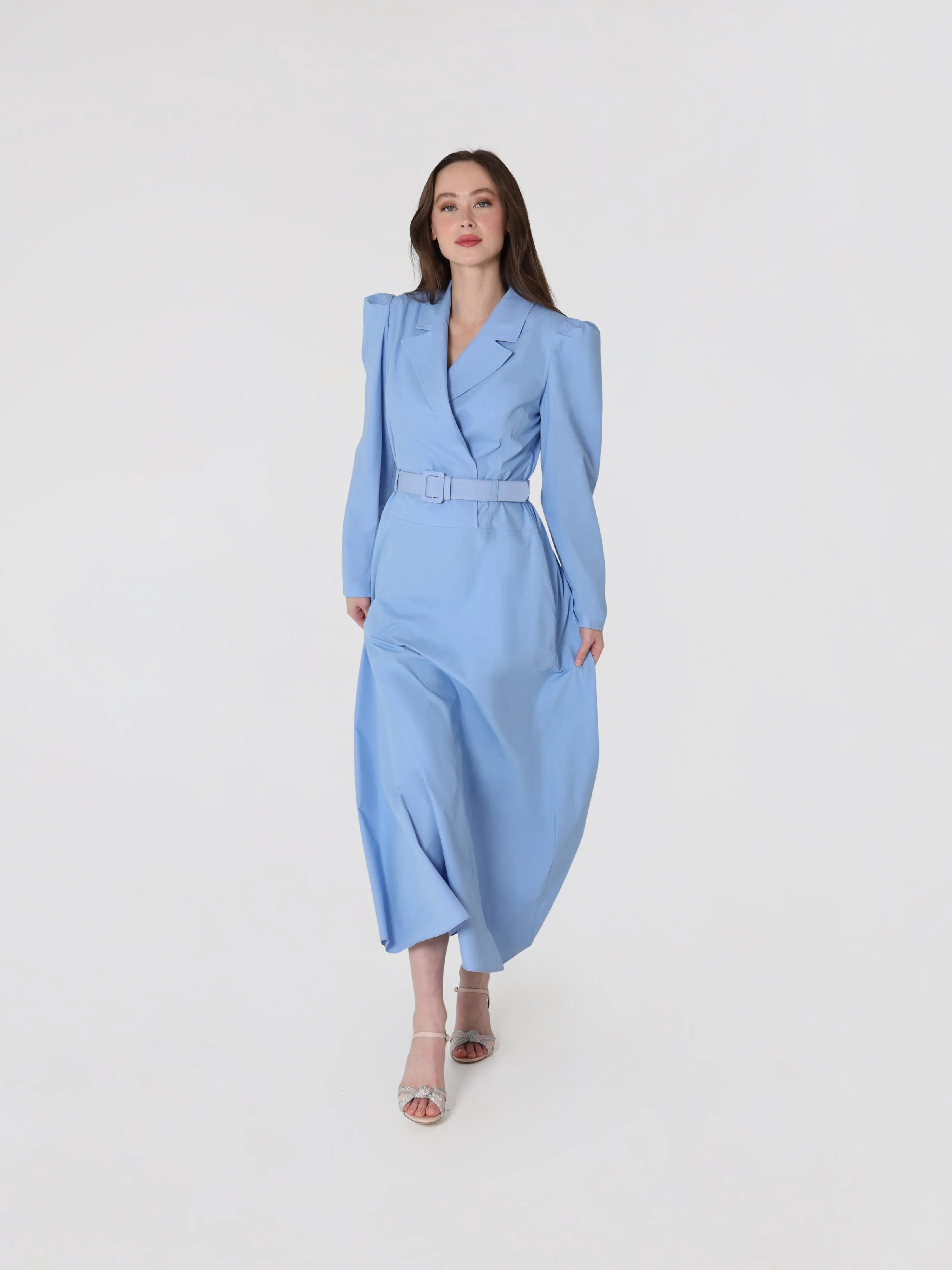 Women's Double Breasted Belted Cotton Maxi Dress In Maya Blue
