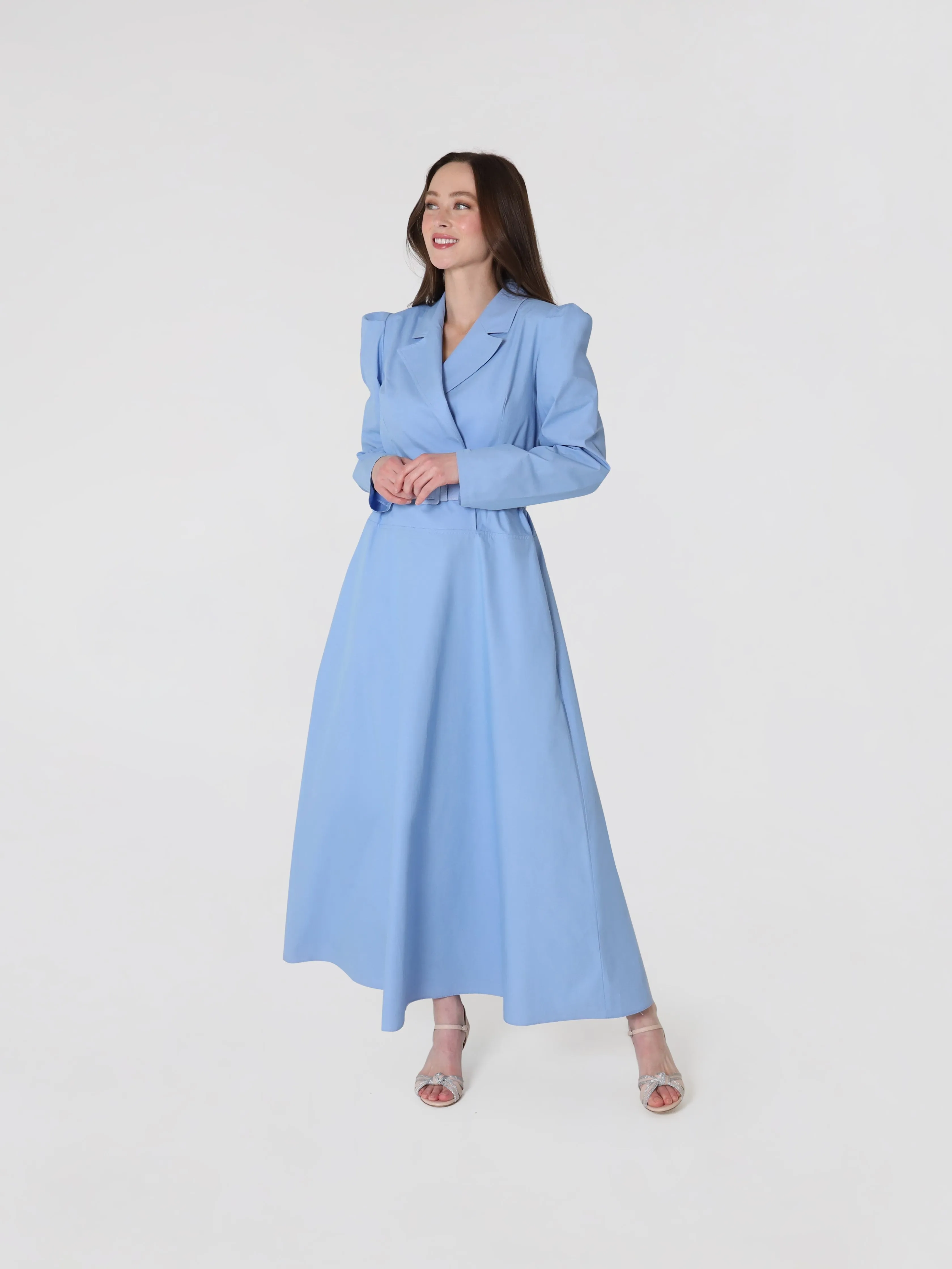 Women's Double Breasted Belted Cotton Maxi Dress In Maya Blue